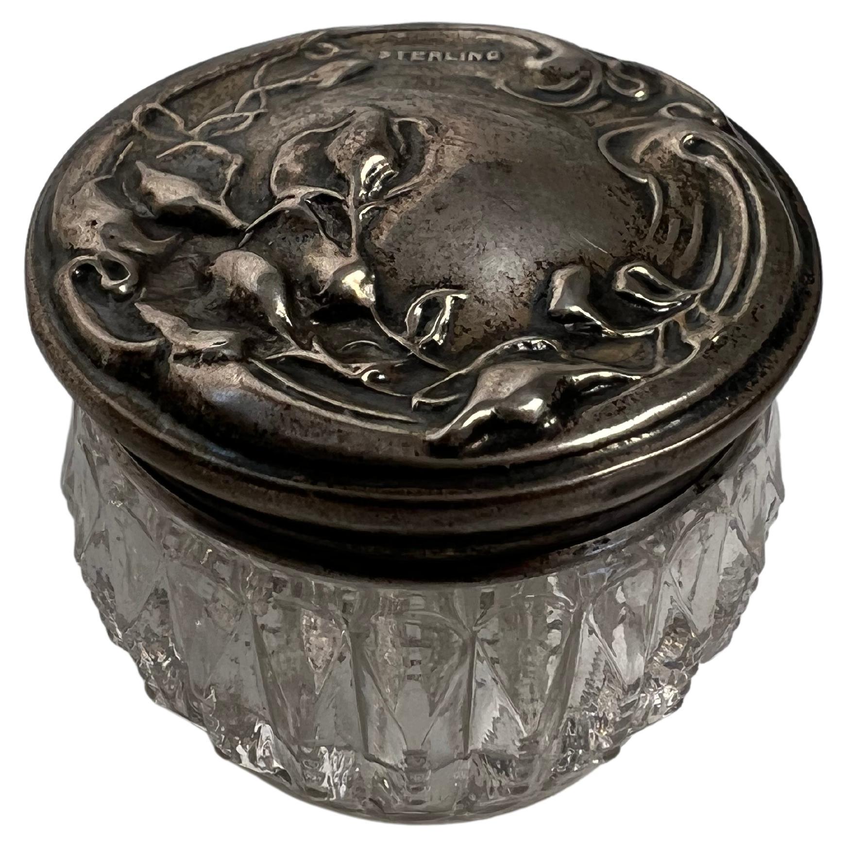 Late 19th Century Cut Crystal Dresser Jar with Fancy Sterling Silver Lid For Sale