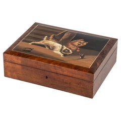 Boîte décorative de la fin du 19e siècle avec couvercle peint d'un chien