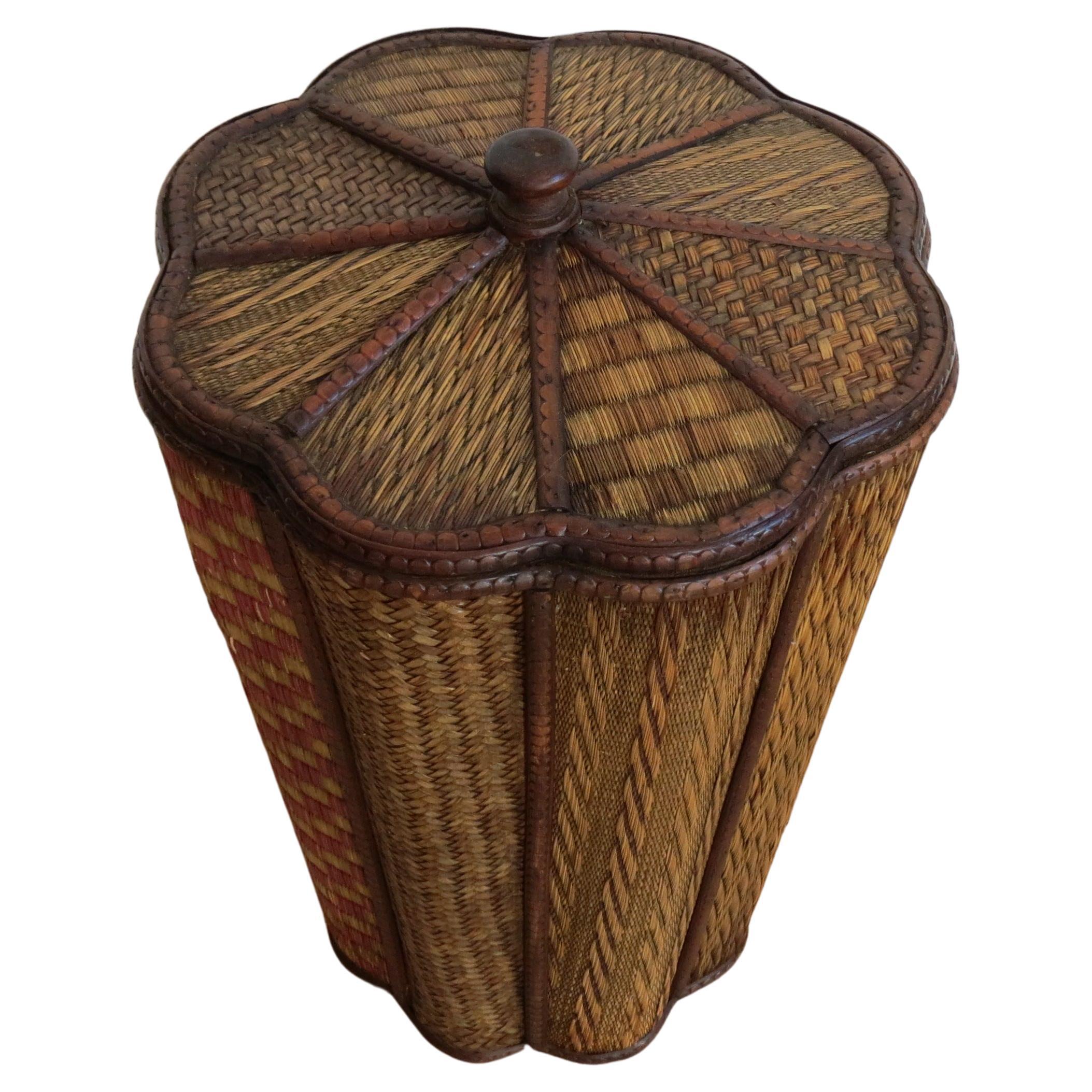 Late 19th Century Decorative Straw Work Lidded Basket Bin