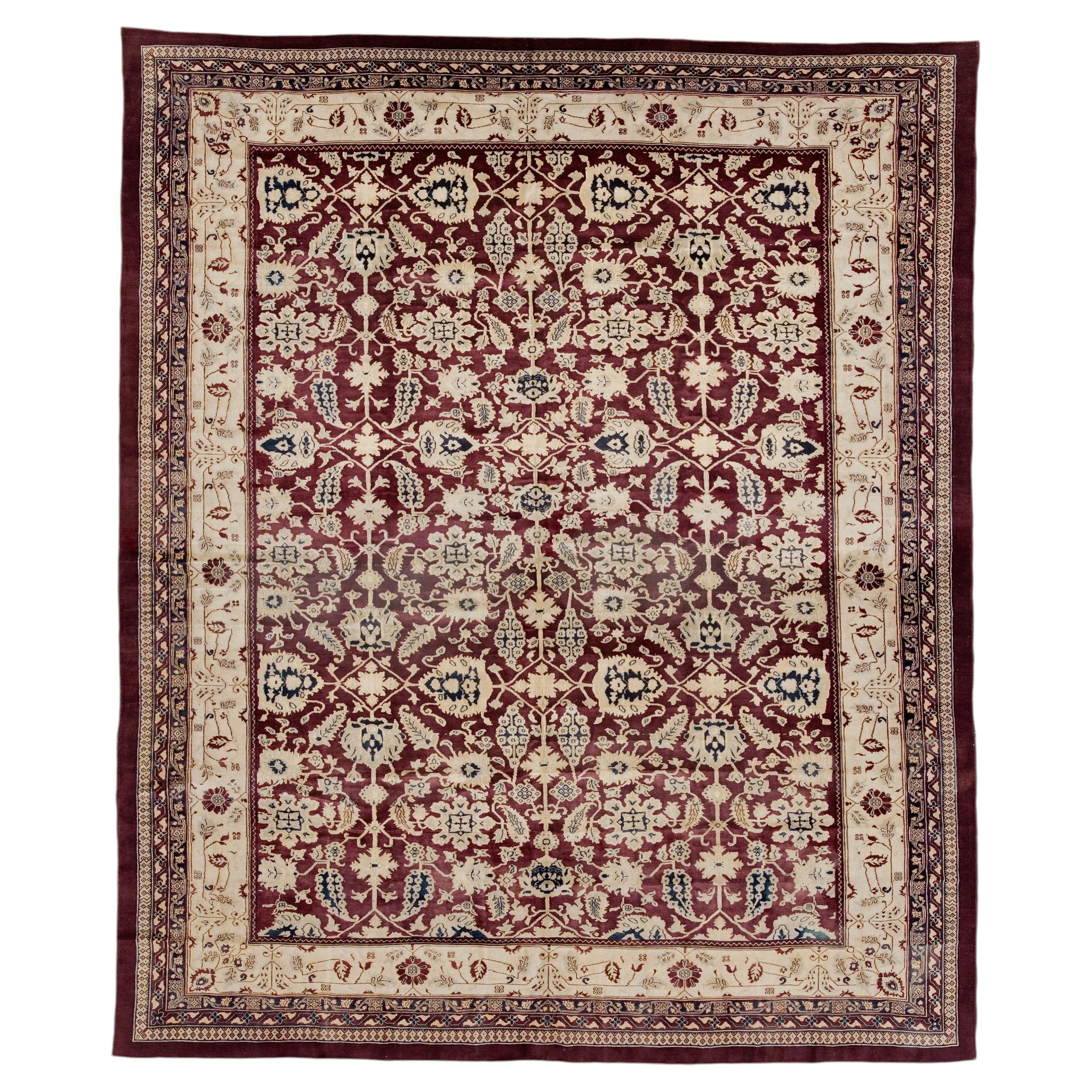 Late 19th Century Deep Burgundy Colored Floral Indian Agra Rug