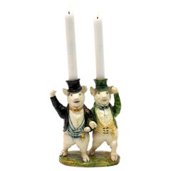 Late 19th Century Delphin Massier et Cie Faience Candlestick with Pigs