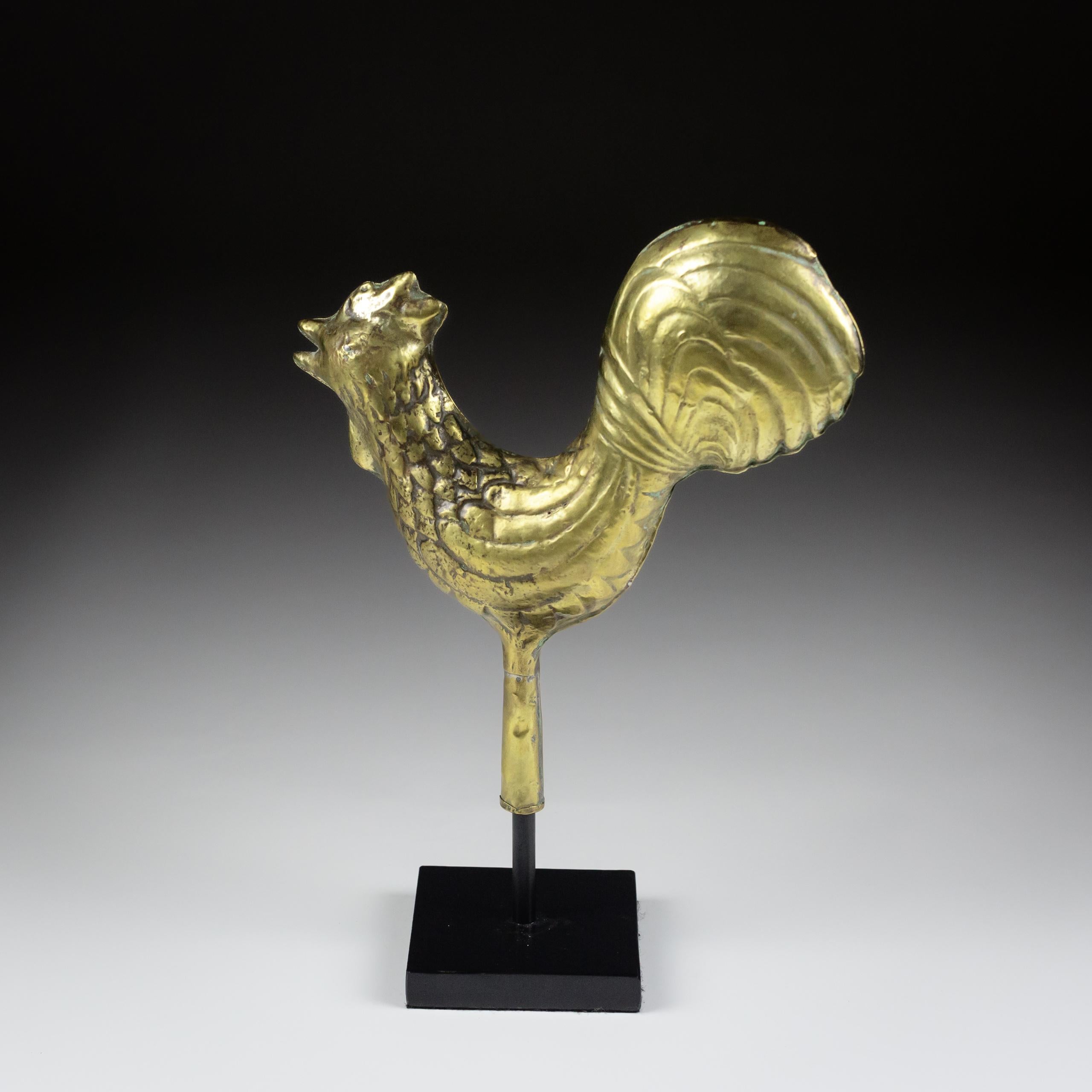 French Late 19th Century Diminutive Full Bodied Brass Cockerel Weathervane For Sale