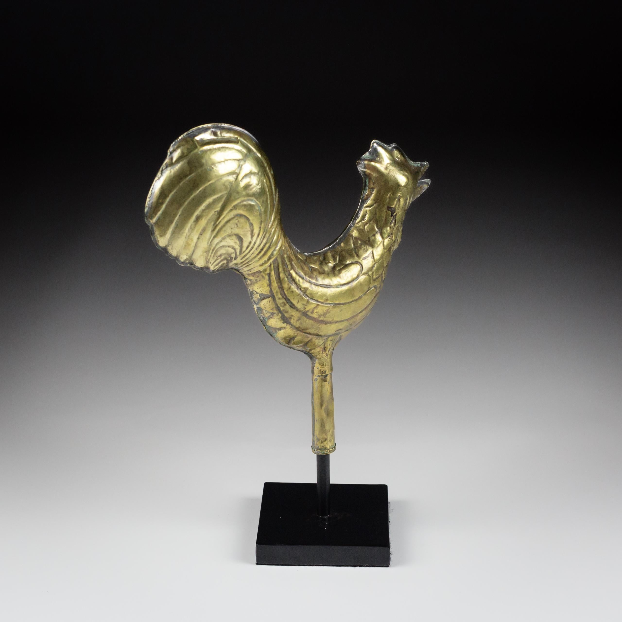 Pressed Late 19th Century Diminutive Full Bodied Brass Cockerel Weathervane For Sale