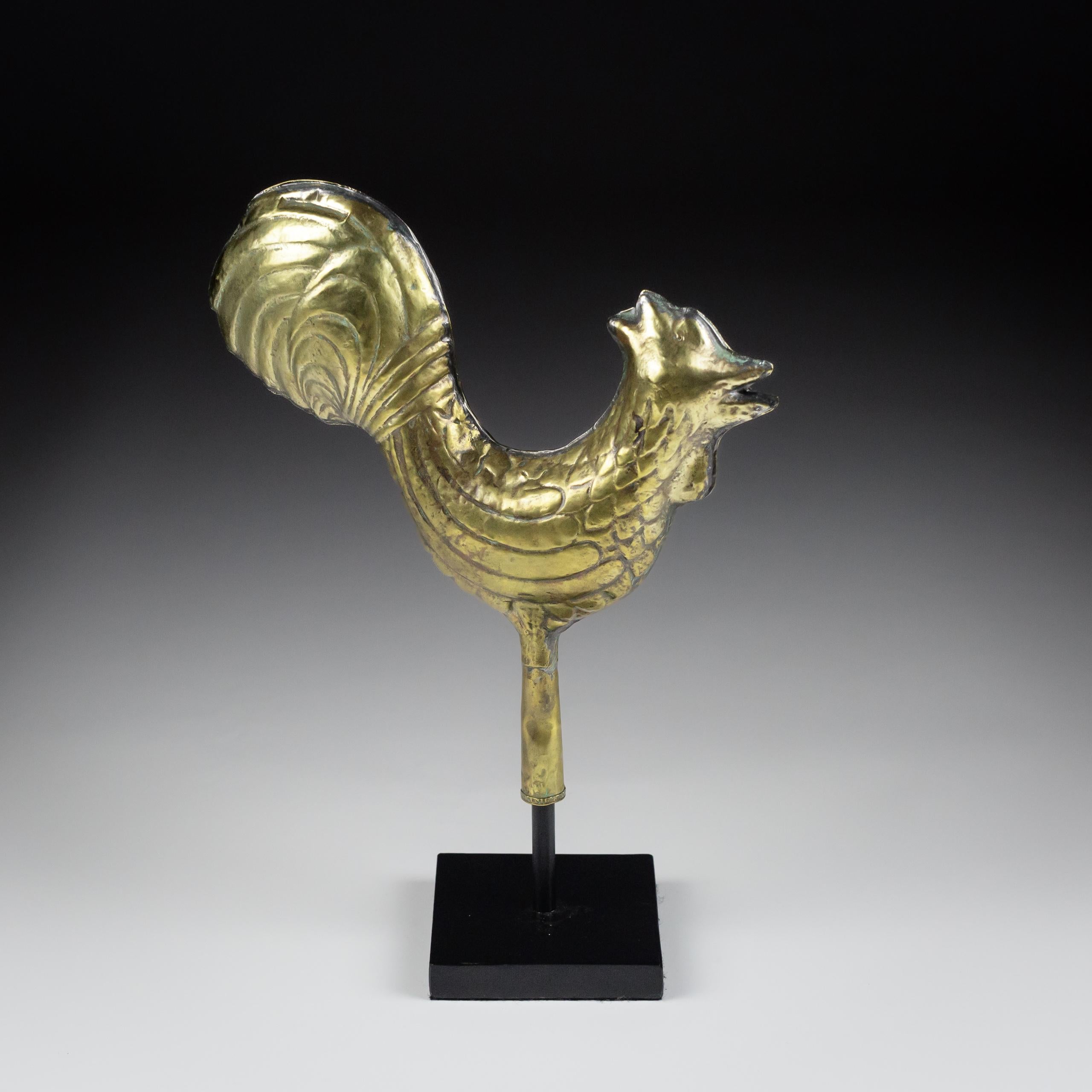 Late 19th Century Diminutive Full Bodied Brass Cockerel Weathervane In Fair Condition For Sale In Pease pottage, West Sussex