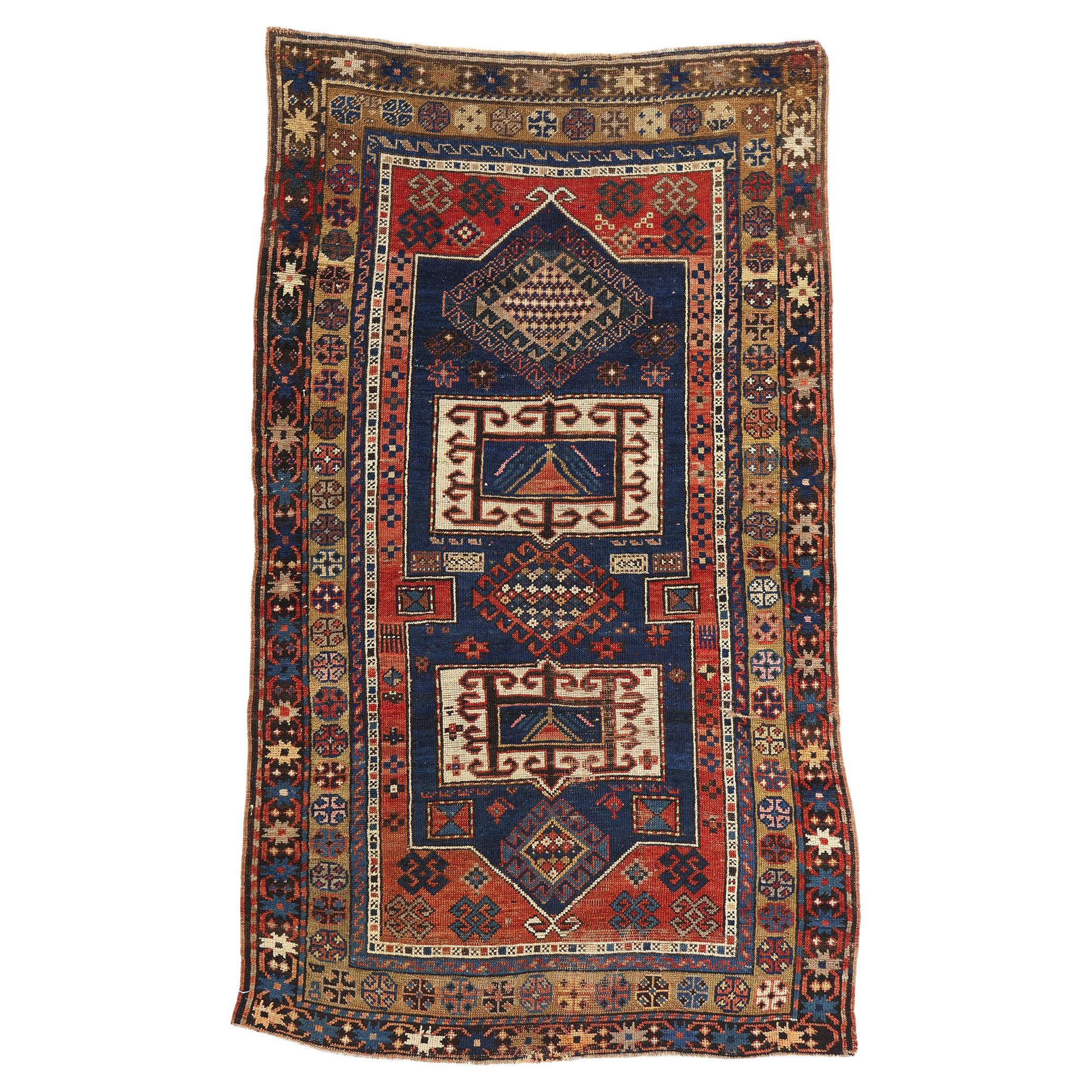 Late 19th Century Distressed Antique Caucasian Kazak Tribal Carpet
