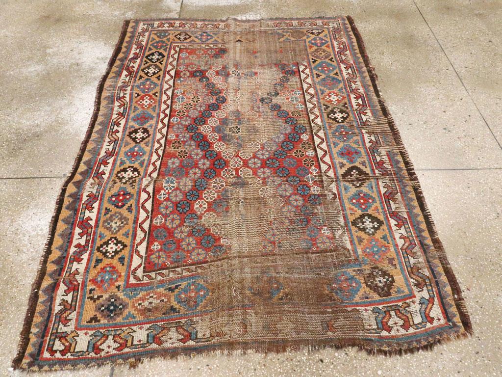 Hand-Knotted Late 19th Century Distressed Antique Persian Kurd Accent Rug For Sale