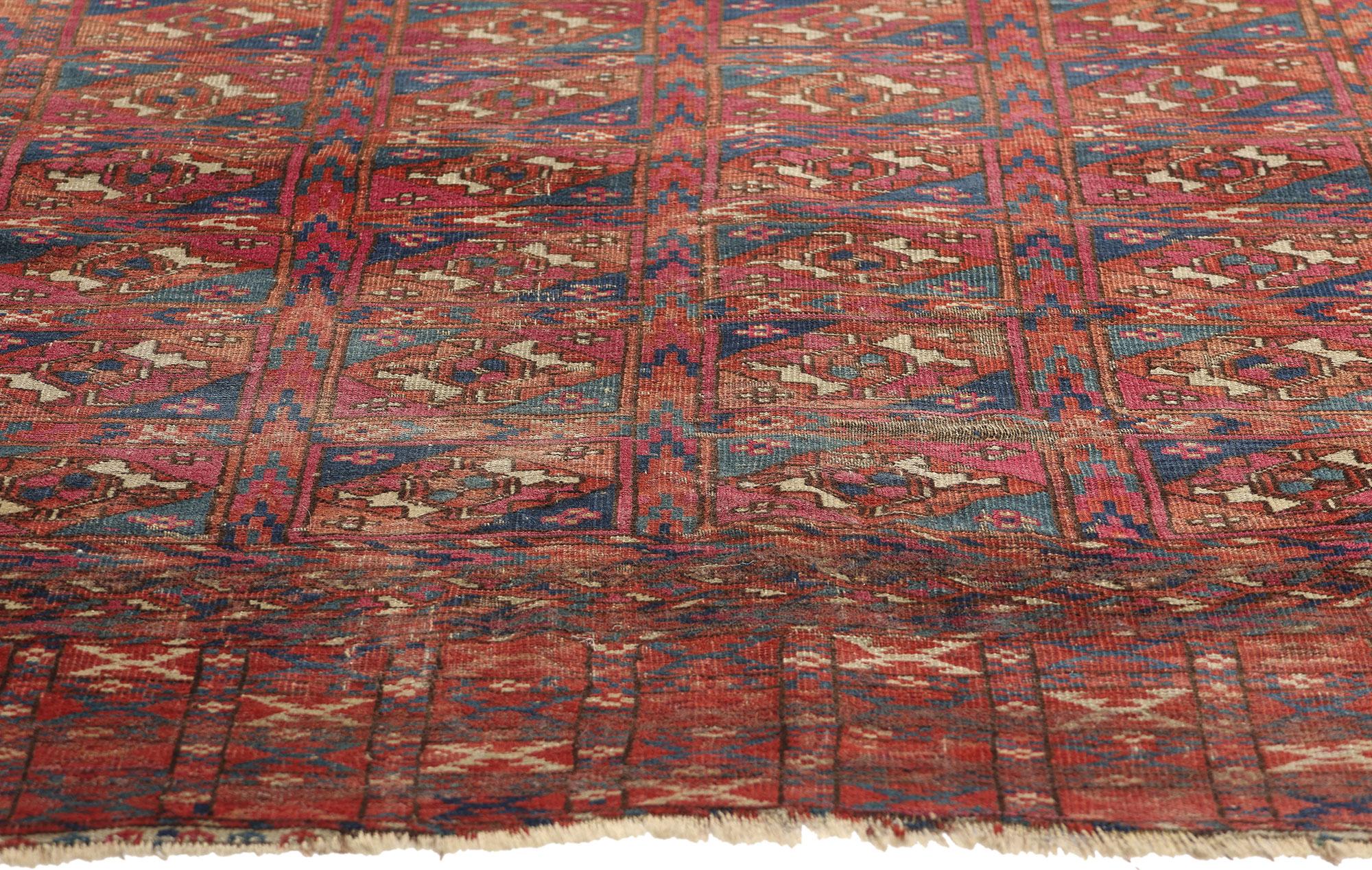Hand-Knotted Late 19th Century Distressed Antique Turkoman Tribe Chuval Tekke Tribal Carpet  For Sale