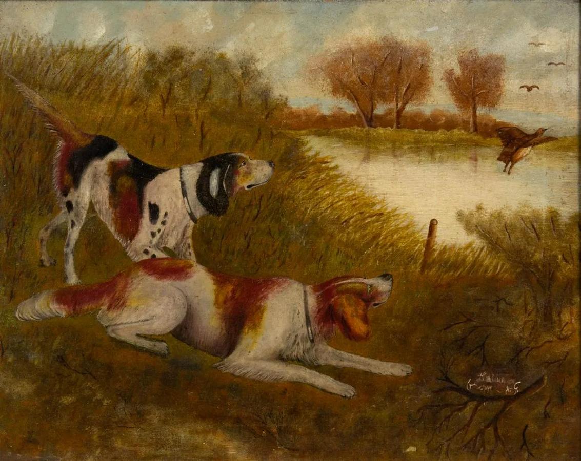 Late 19th Century Folk Art Oil on Canvas Painting of Dogs Hunting on Rural Lake 

American School oil on canvas, featuring two hunting dogs flushing waterfowl on the shores of a rural lake. Signed indistinctly in lower right corner, likely on