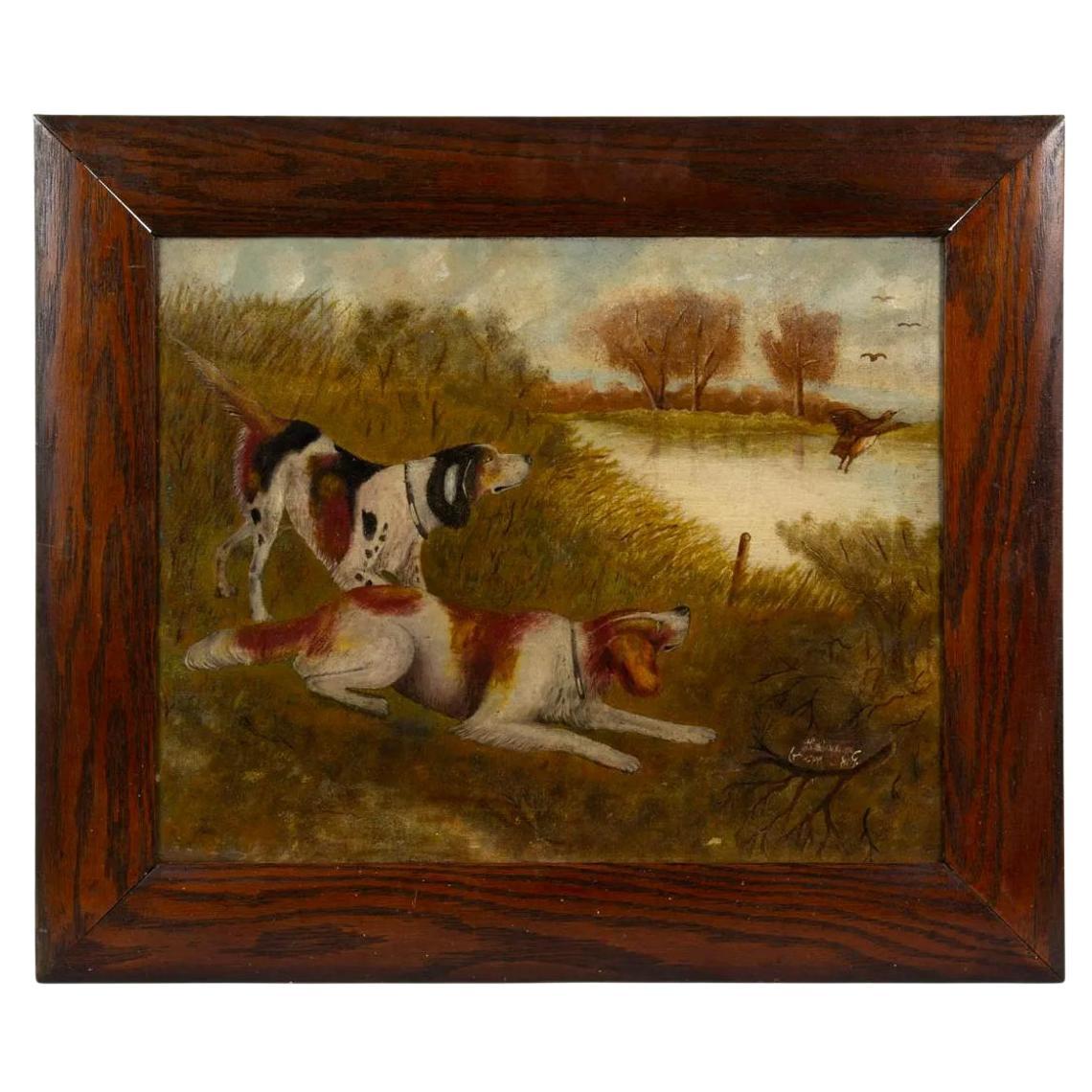 Peinture à l'huile sur toile artisanale de la fin du XIXe siècle représentant des chiens de chasse sur un lac rural