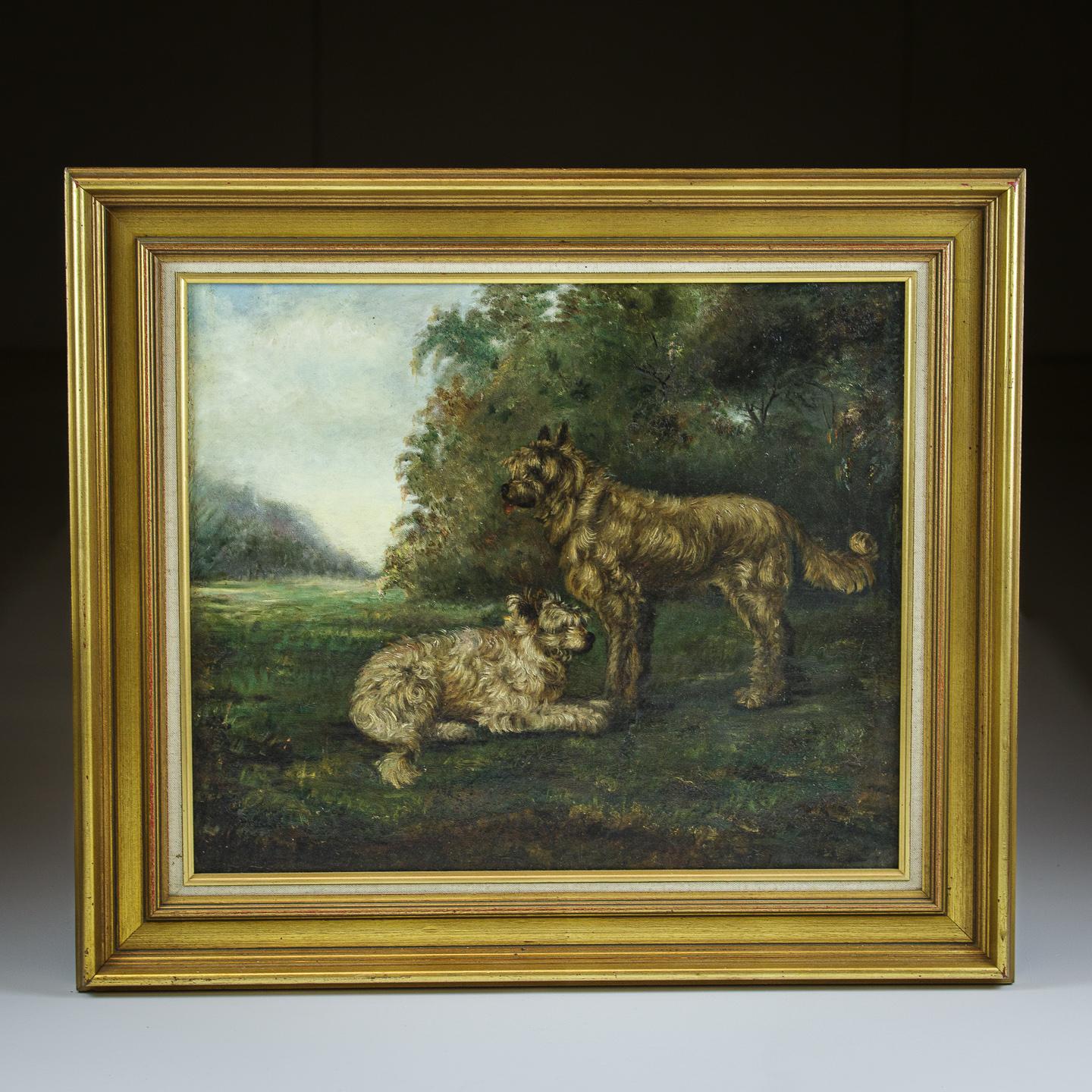 Late 19th Century Oil on Canvas of Two dogs, Good scale, relined and restored (late 20th Century). Later Frame France Circa 1880.
