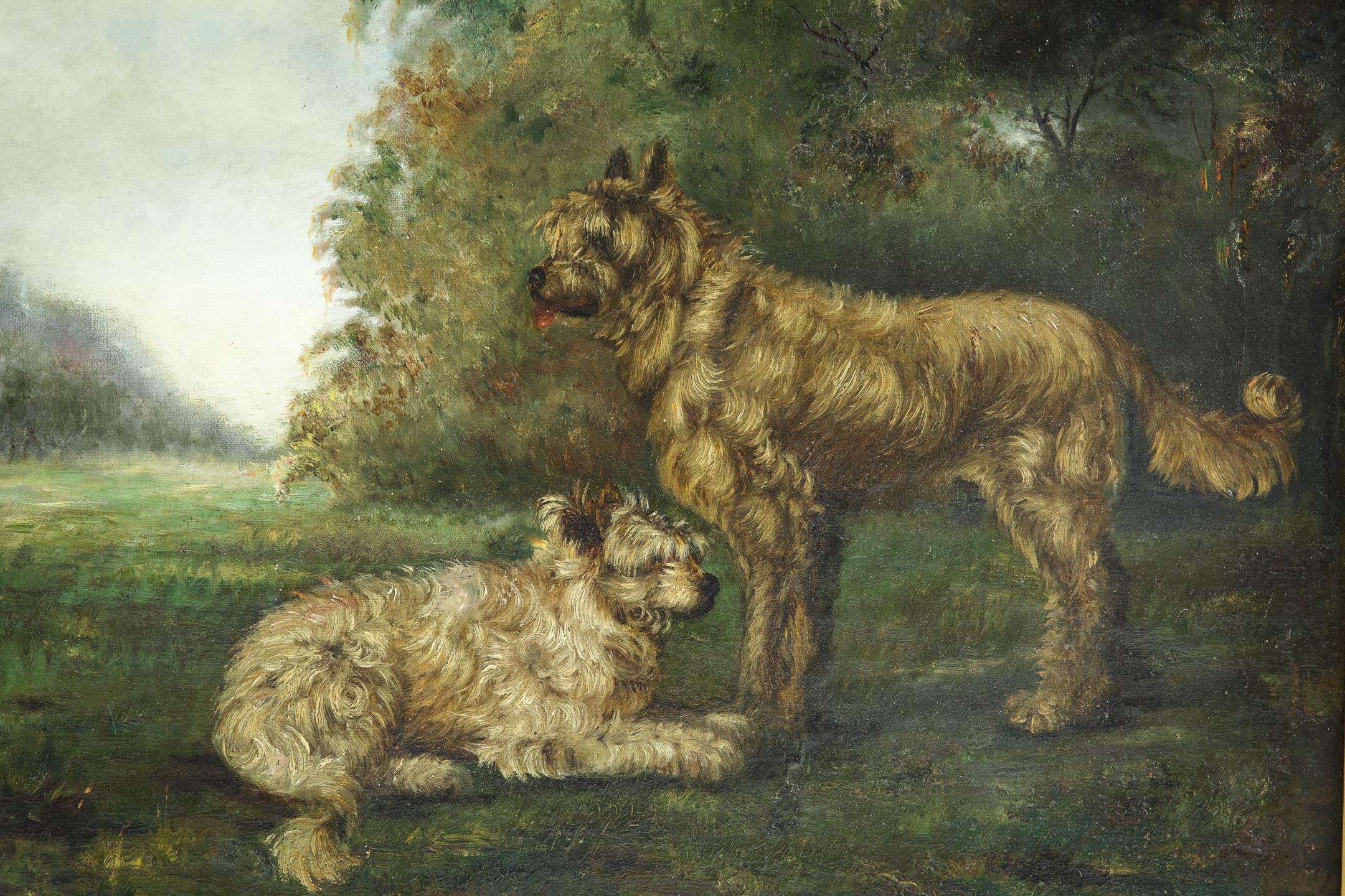 Painted Late 19th Century Dogs Oil on Canvas For Sale