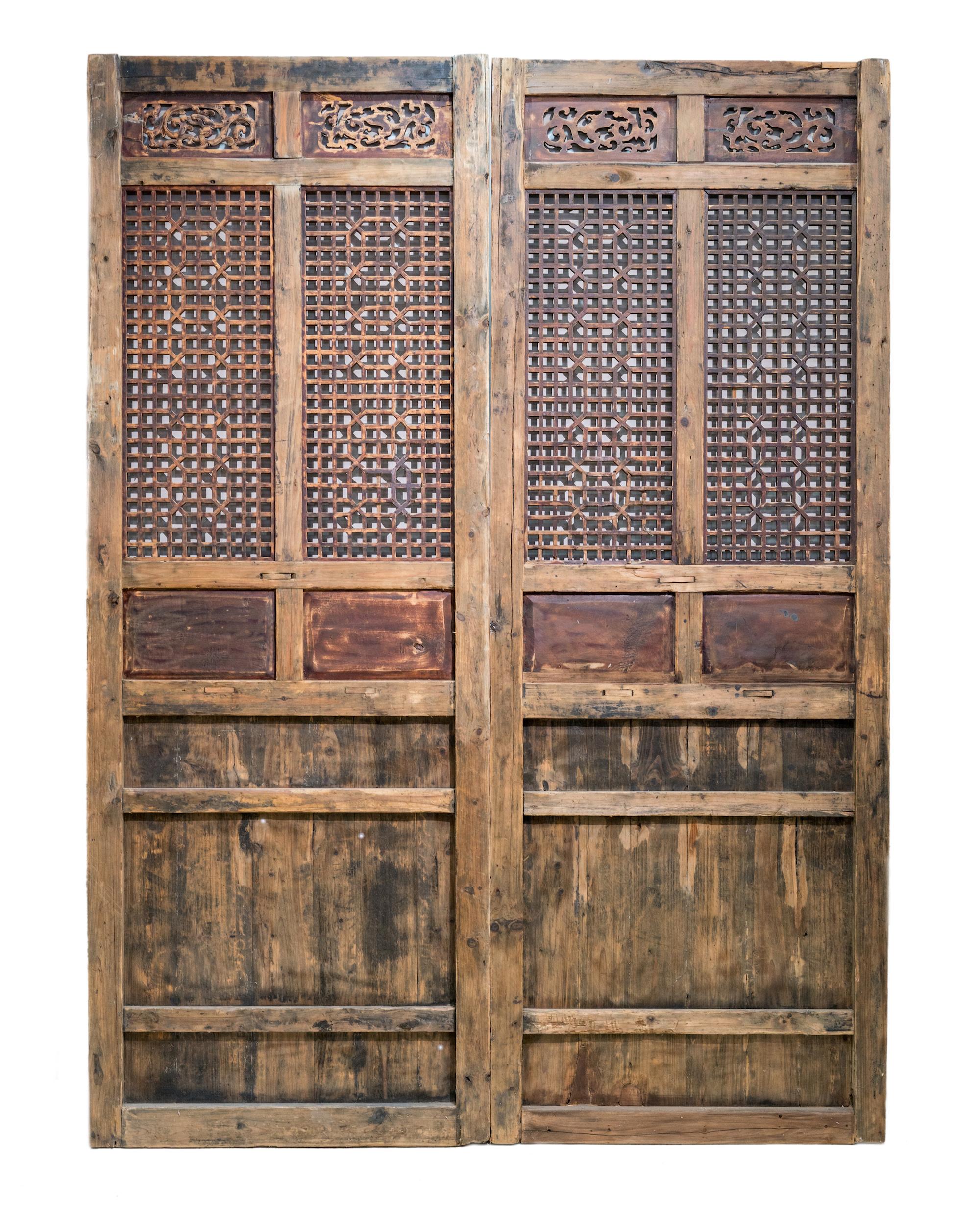 Elm Late 19th Century Door Panels with Carving and Latticework For Sale