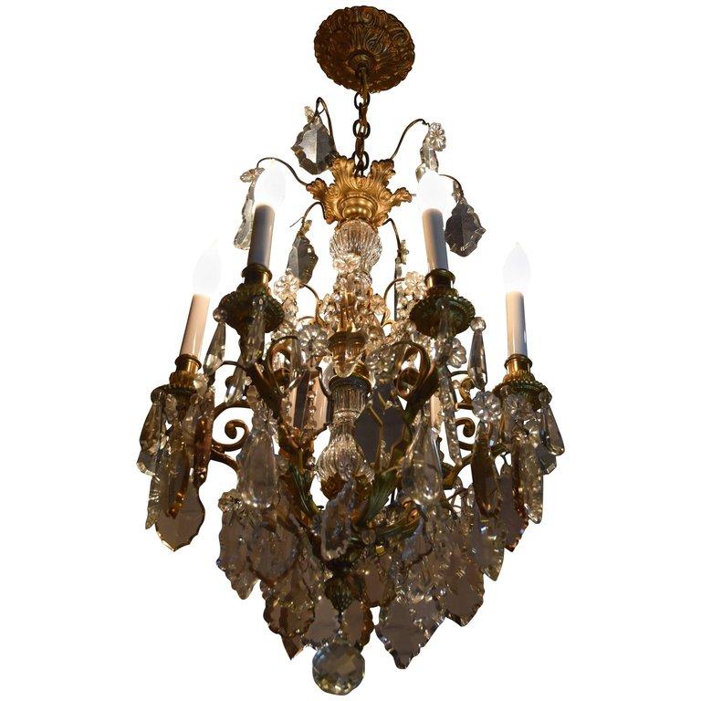 Late 19th Century Dore Bronze Chandelier with Faceted Crystal Prism In Good Condition For Sale In San Antonio, TX