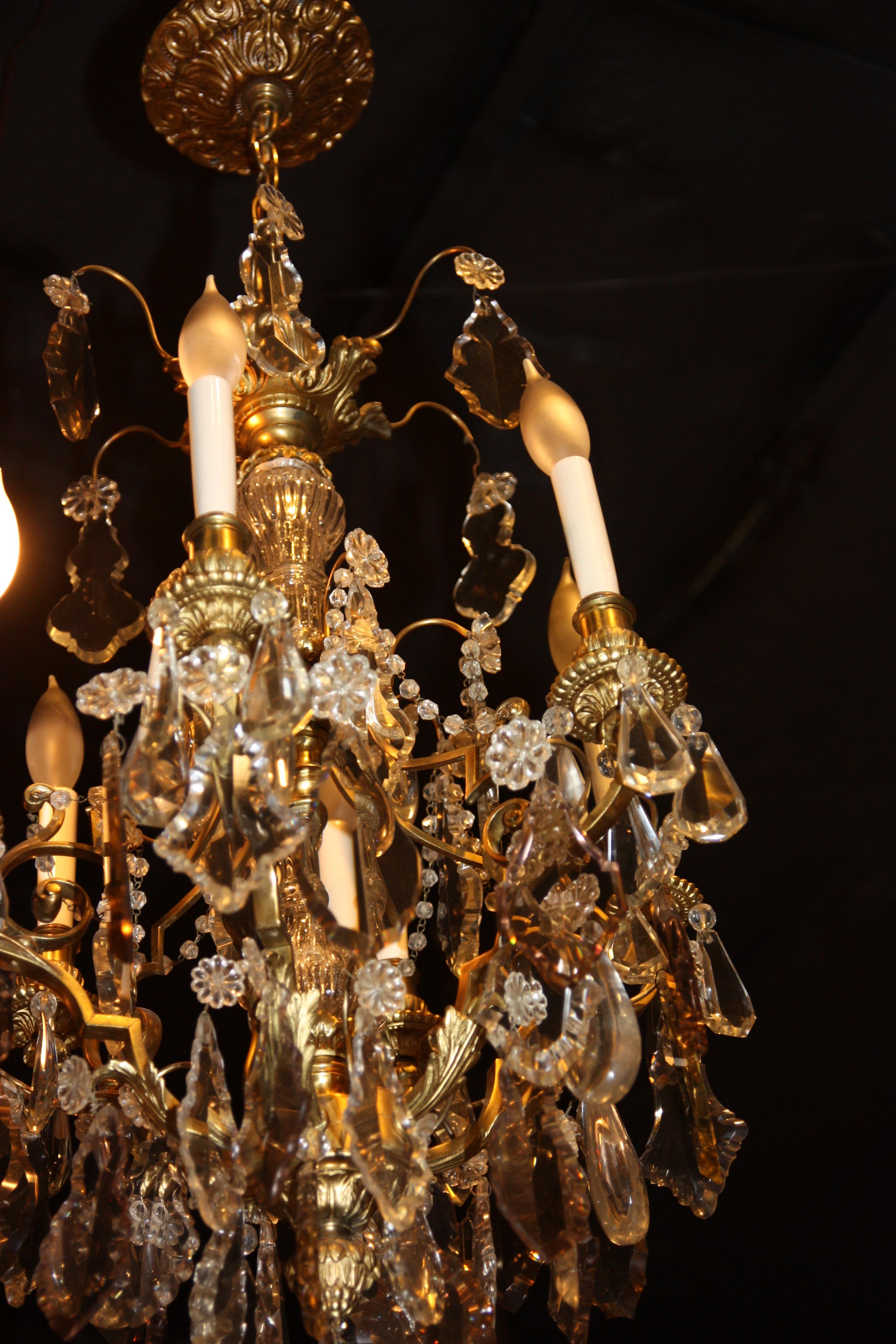 20th Century Late 19th Century Dore Bronze Chandelier with Faceted Crystal Prism For Sale
