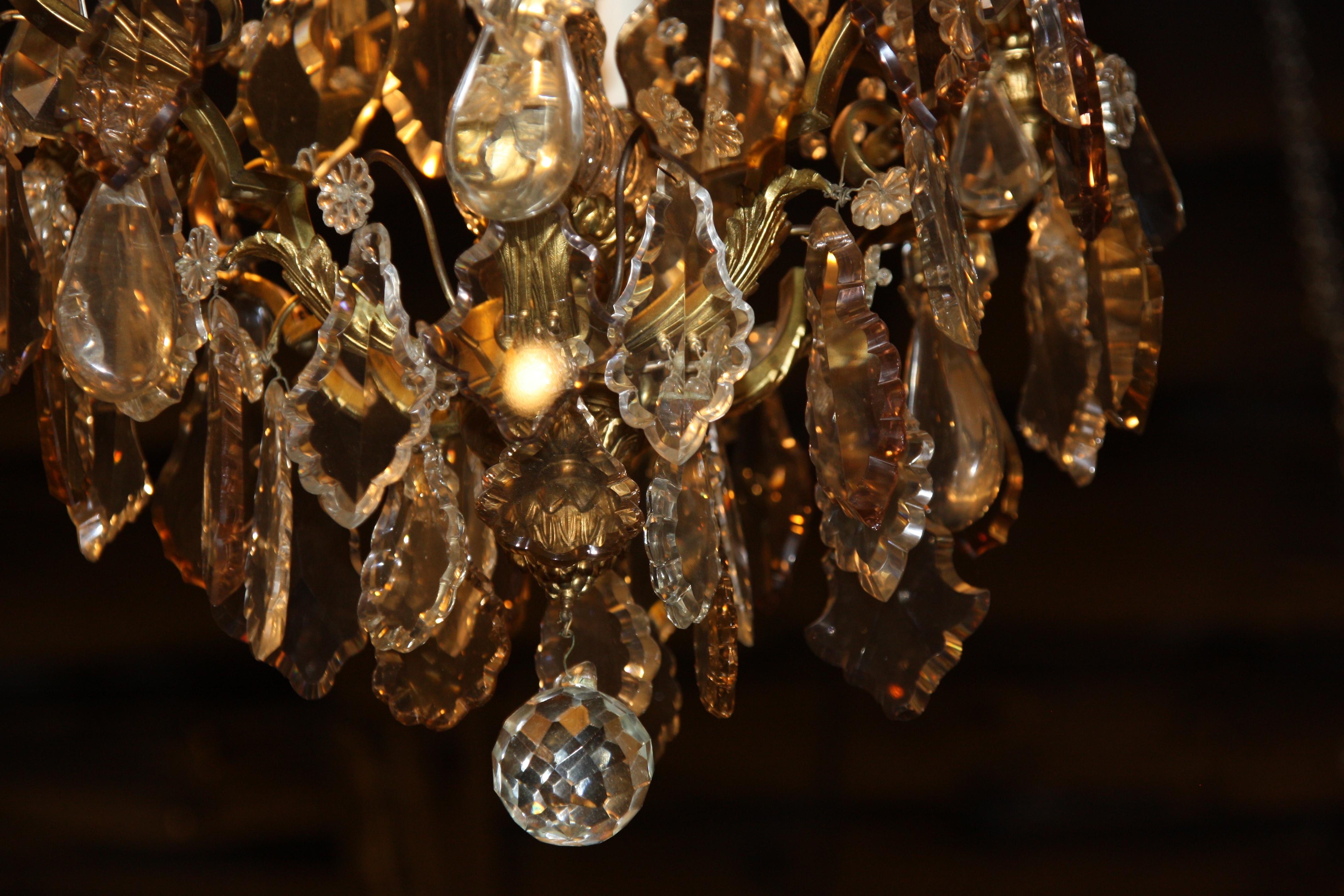 Late 19th Century Dore Bronze Chandelier with Faceted Crystal Prism For Sale 1