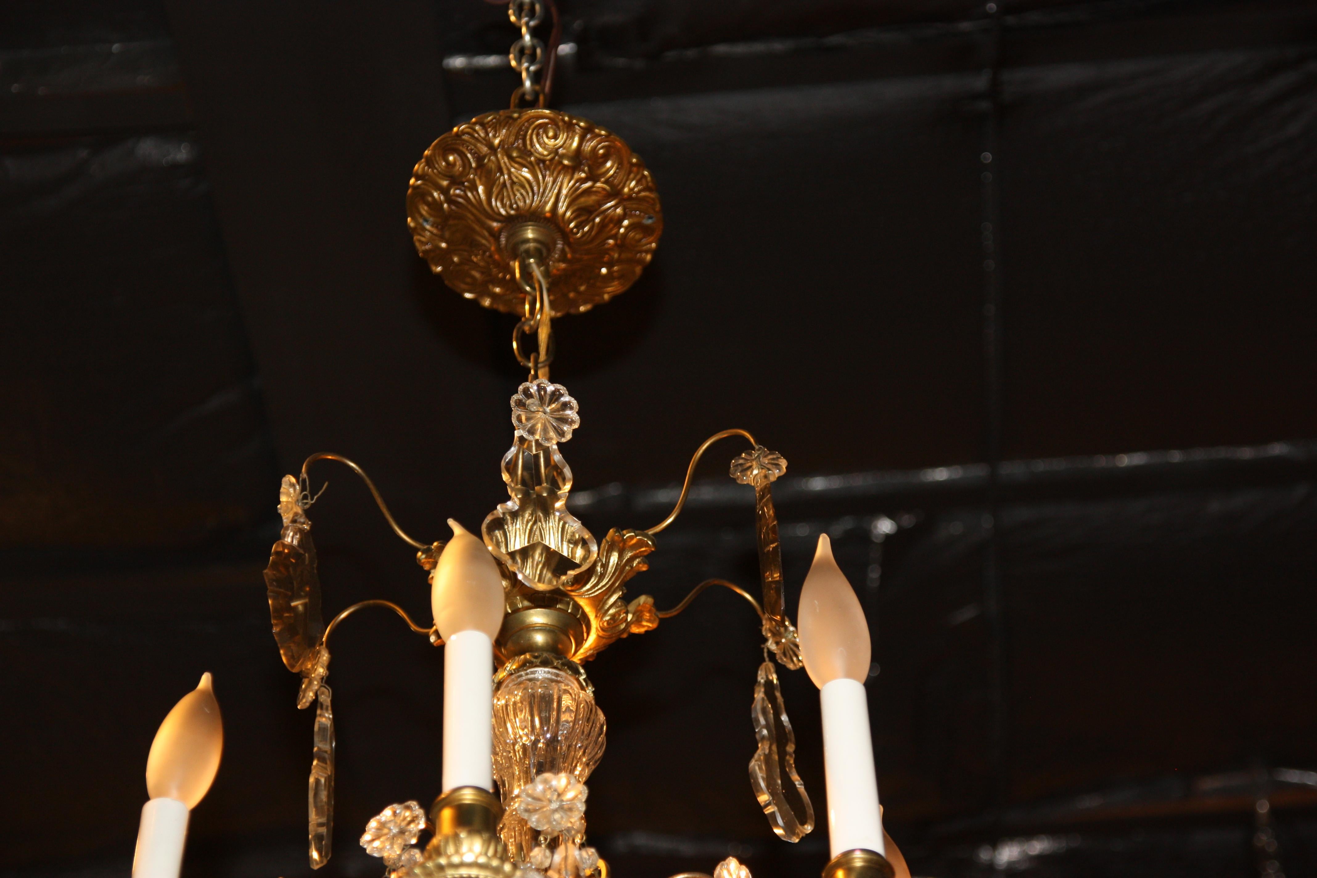 Late 19th Century Dore Bronze Chandelier with Faceted Crystal Prism For Sale 2
