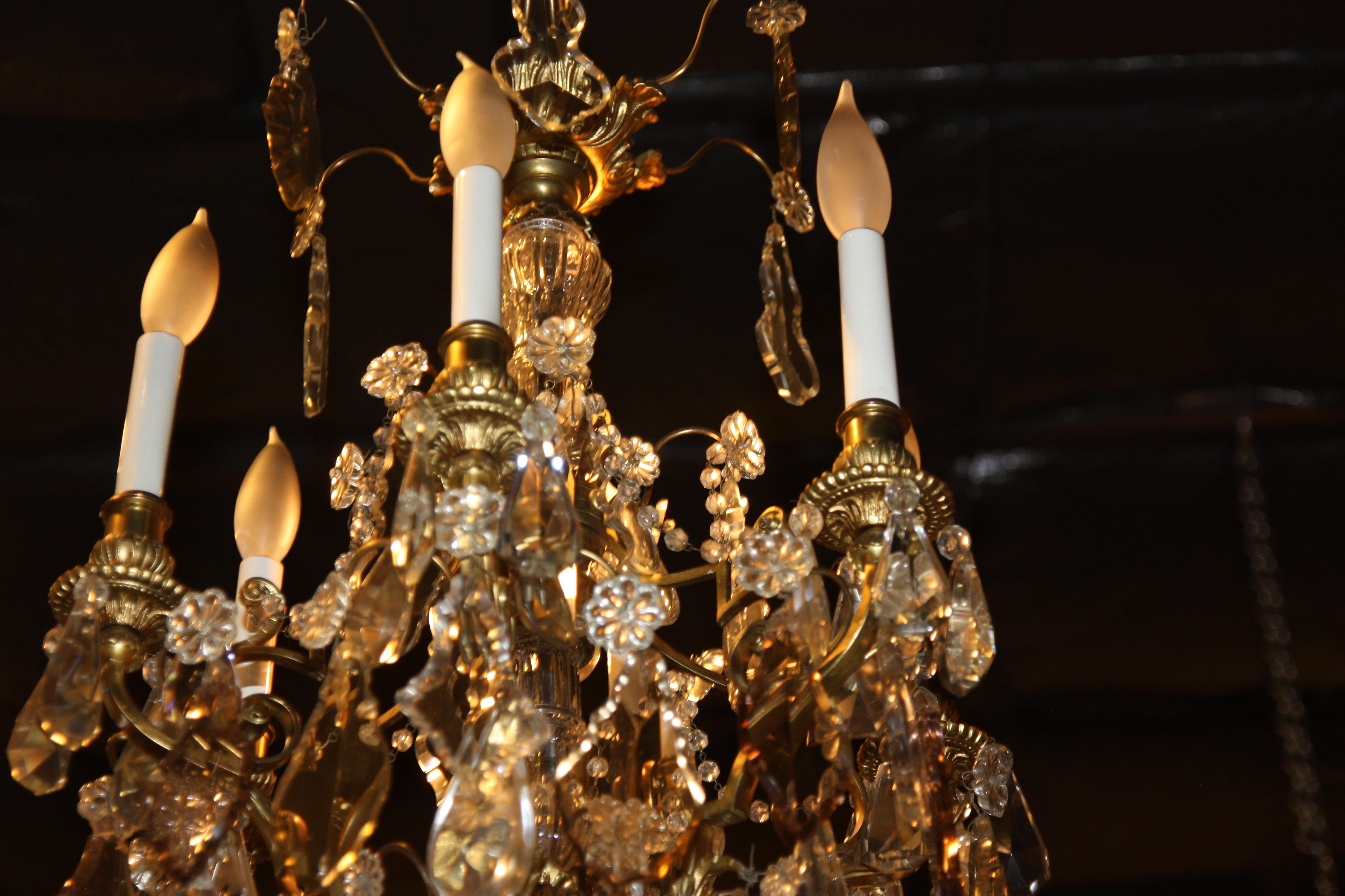 Late 19th Century Dore Bronze Chandelier with Faceted Crystal Prism For Sale 3