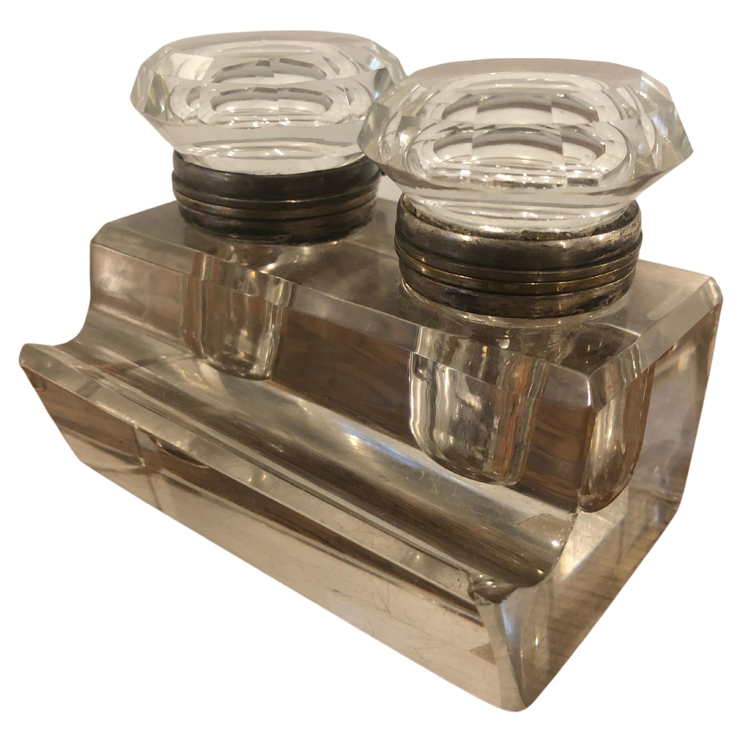 Late 19th Century Double Crystal Inkwell with Pen Tray, England, 1880