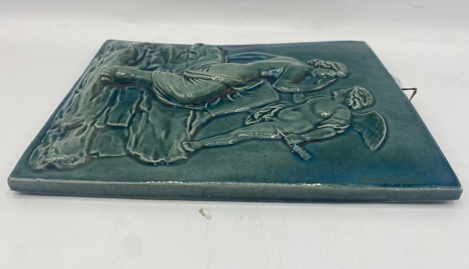 Scottish Late 19th Century Dunmore Pottery Victorian Green Glazed Ceramic Wall Plaque For Sale