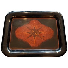 Antique Late 19th Century Dutch Black Lacquered Serving Tray Inlaid with Various Woods