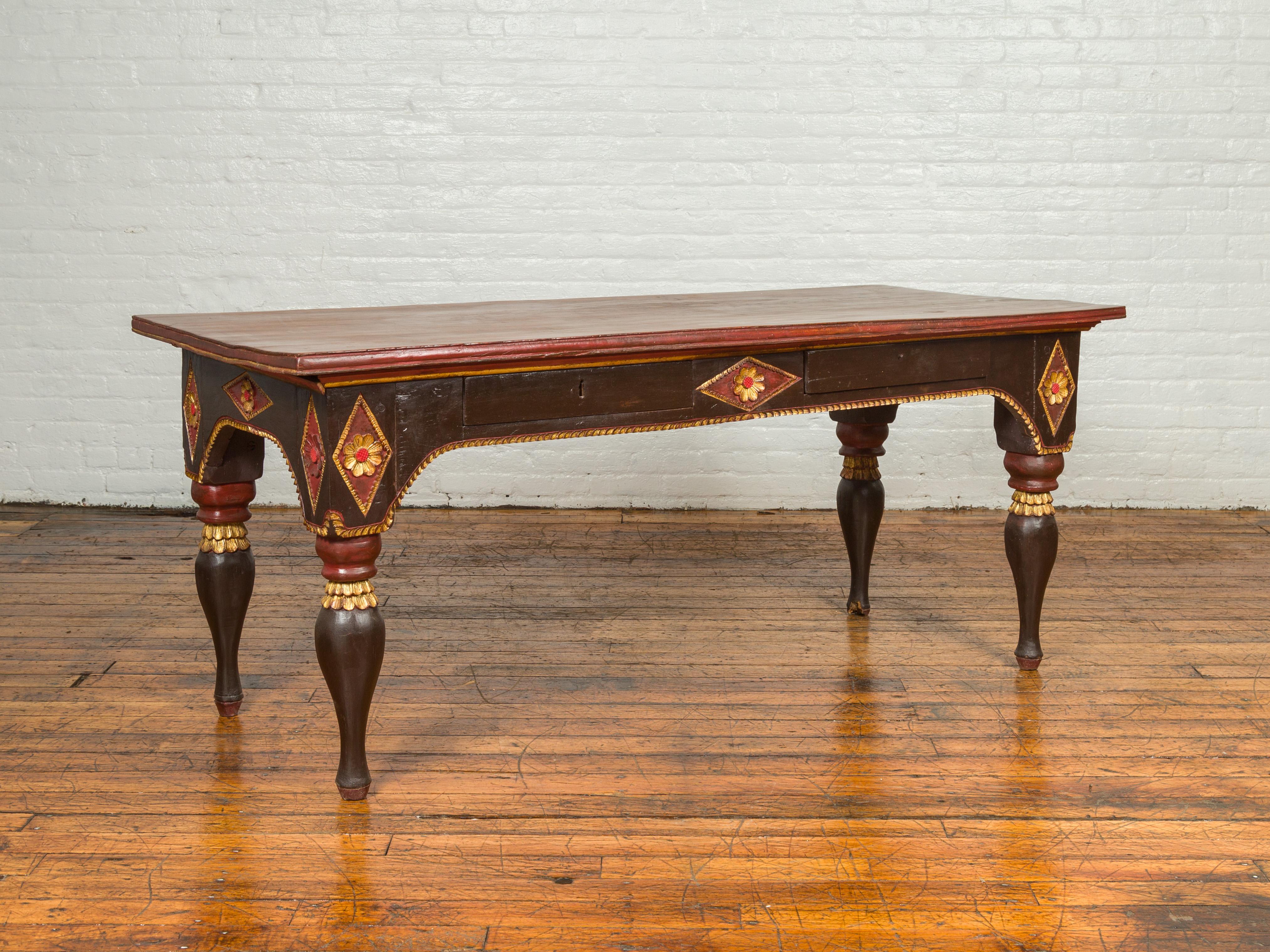 Late 19th Century Dutch Colonial Desk with Drawers, Diamonds and Gilt Rosettes 5