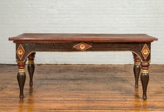 Late 19th Century Dutch Colonial Desk with Drawers, Diamonds and Gilt Rosettes