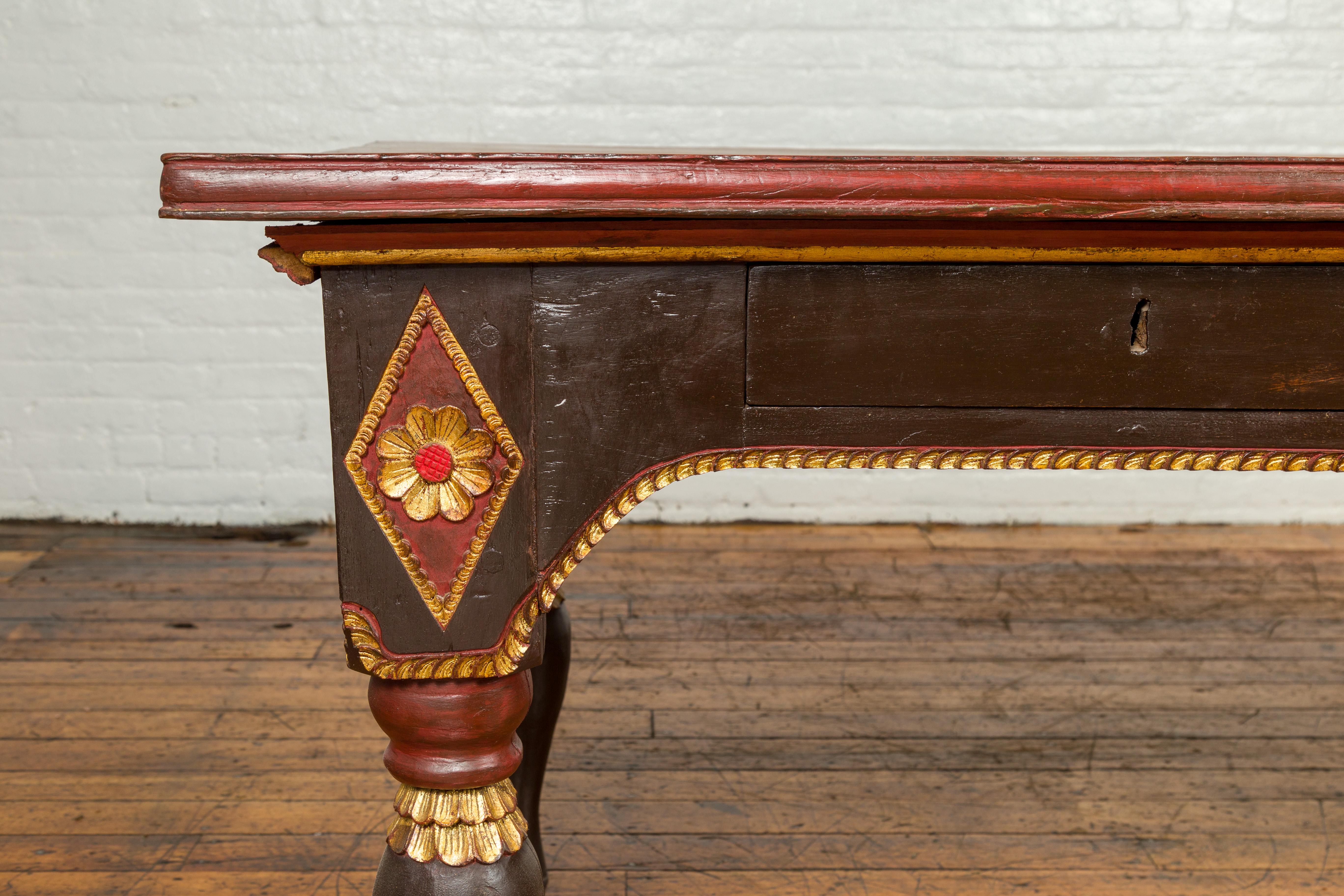 Wood Late 19th Century Dutch Colonial Desk with Drawers, Diamonds and Gilt Rosettes
