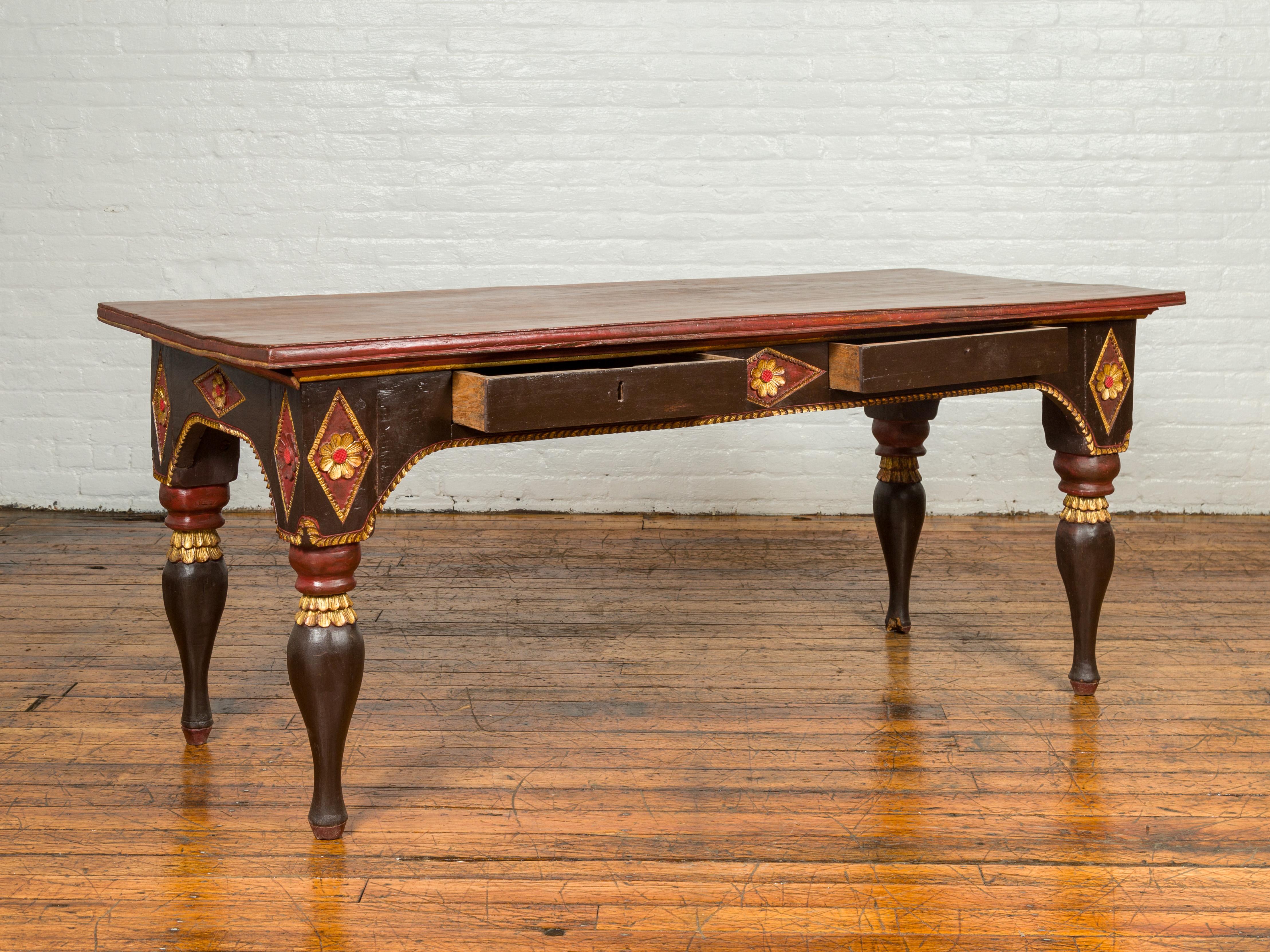 Late 19th Century Dutch Colonial Desk with Drawers, Diamonds and Gilt Rosettes 4