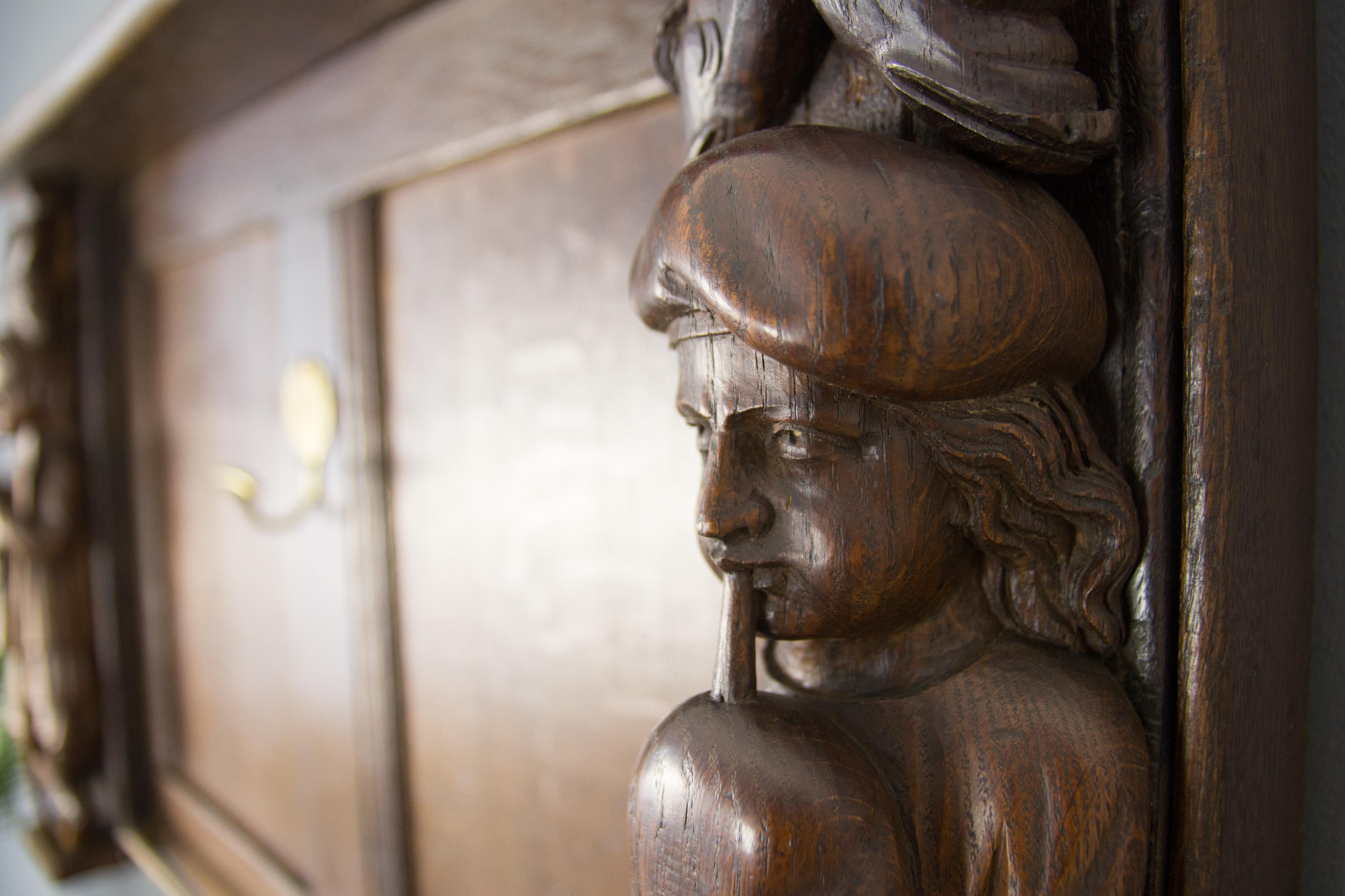 Late 19th Century Dutch Hand Carved Oak and Brass Wall Rack 5