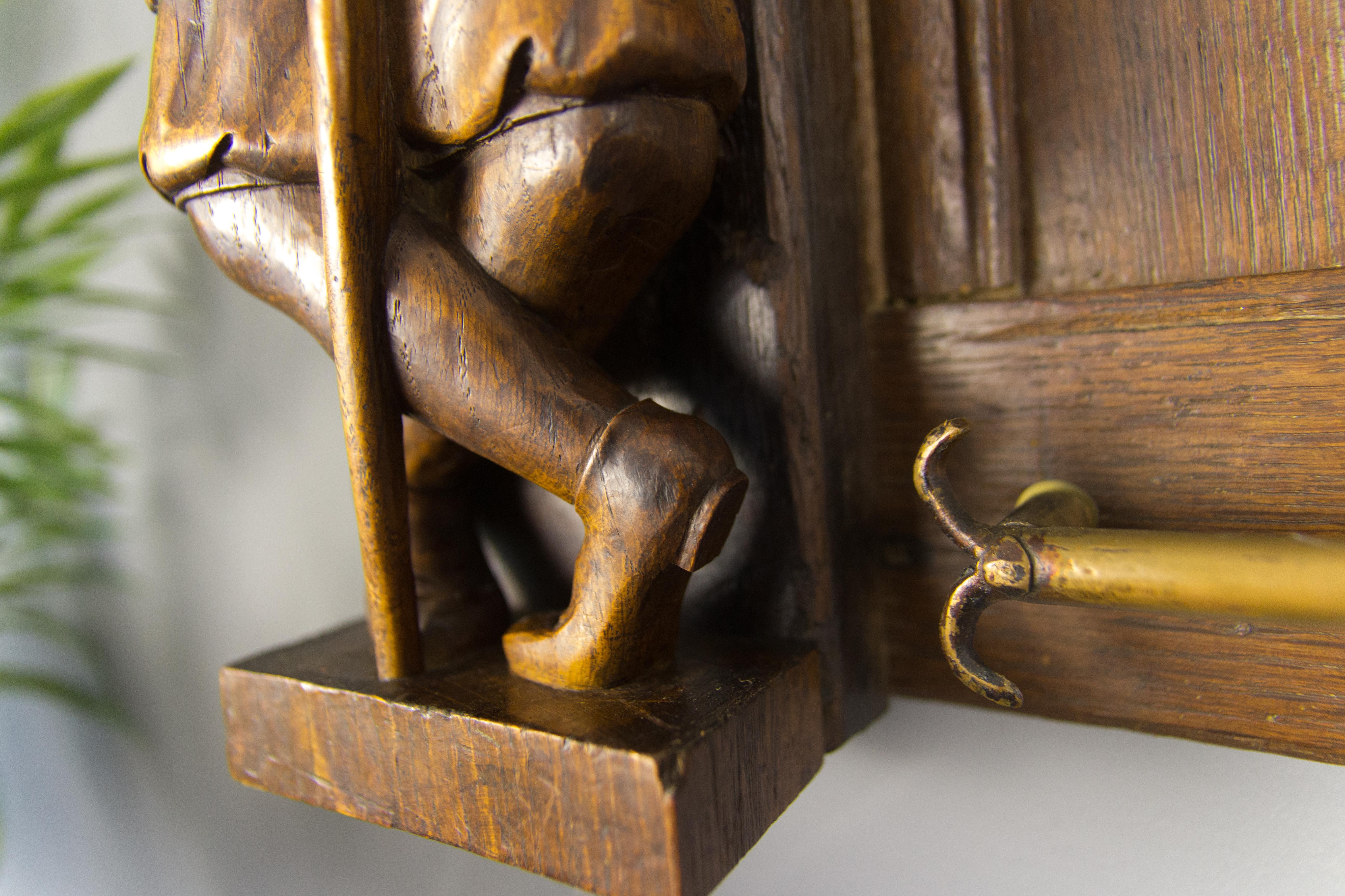 Late 19th Century Dutch Hand Carved Oak and Brass Wall Rack 6