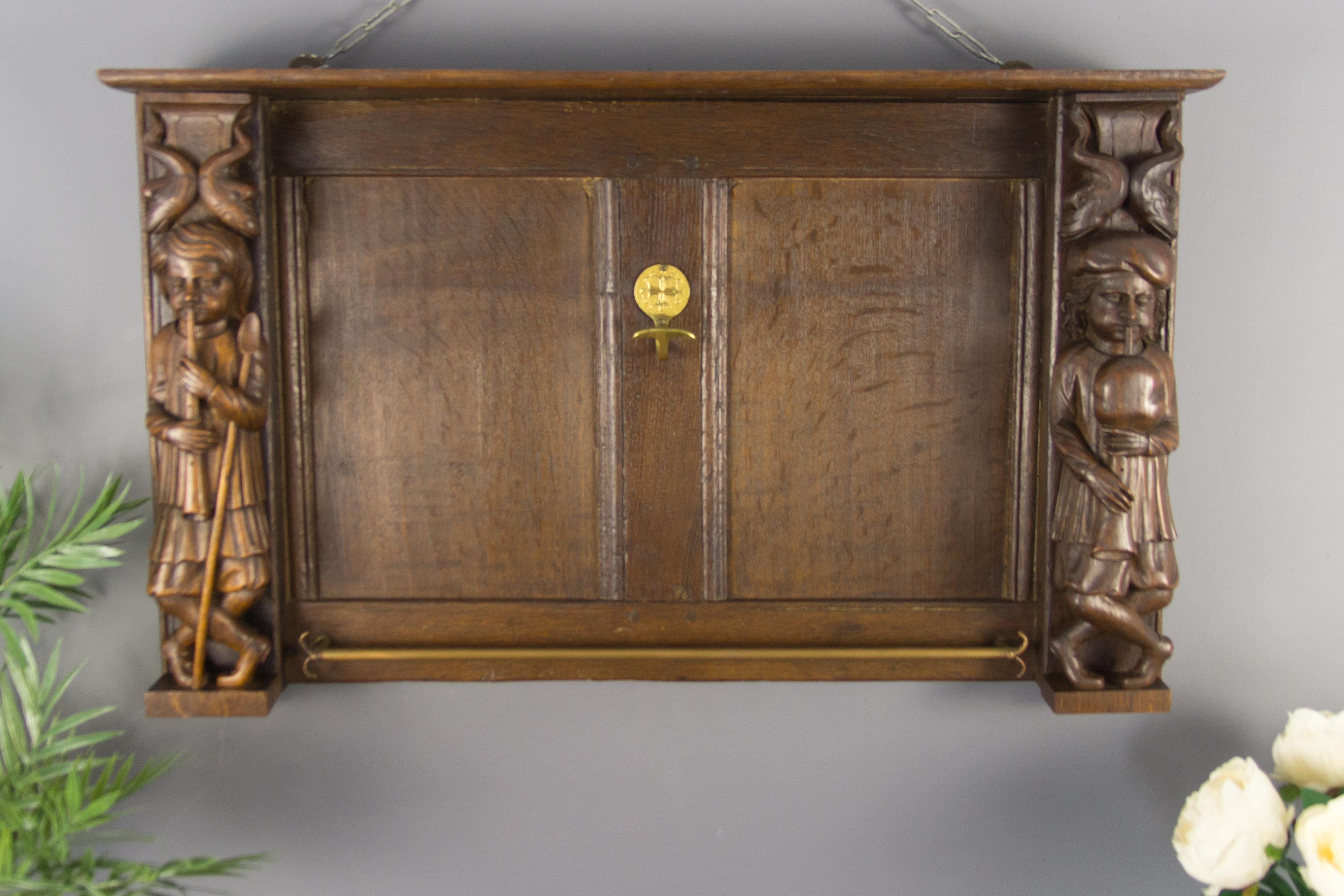 Late 19th Century Dutch Hand Carved Oak and Brass Wall Rack 8