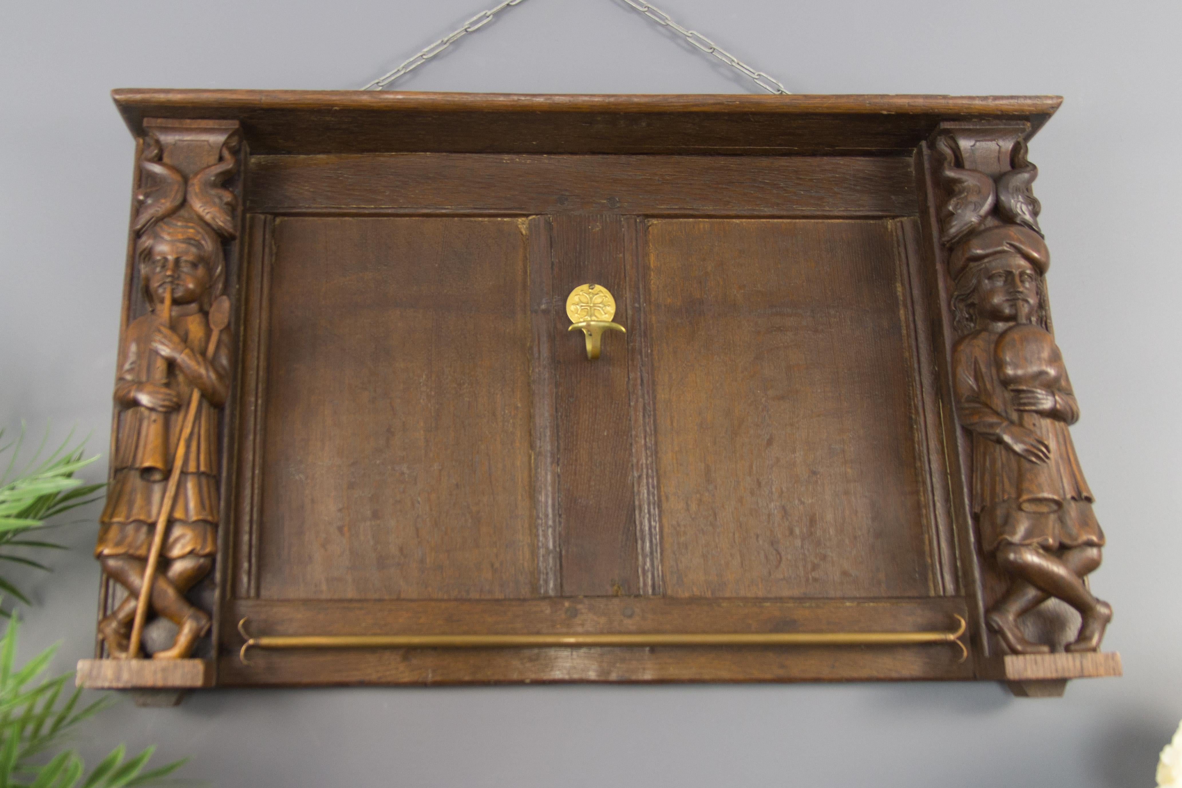 Late 19th Century Dutch Hand Carved Oak and Brass Wall Rack 9