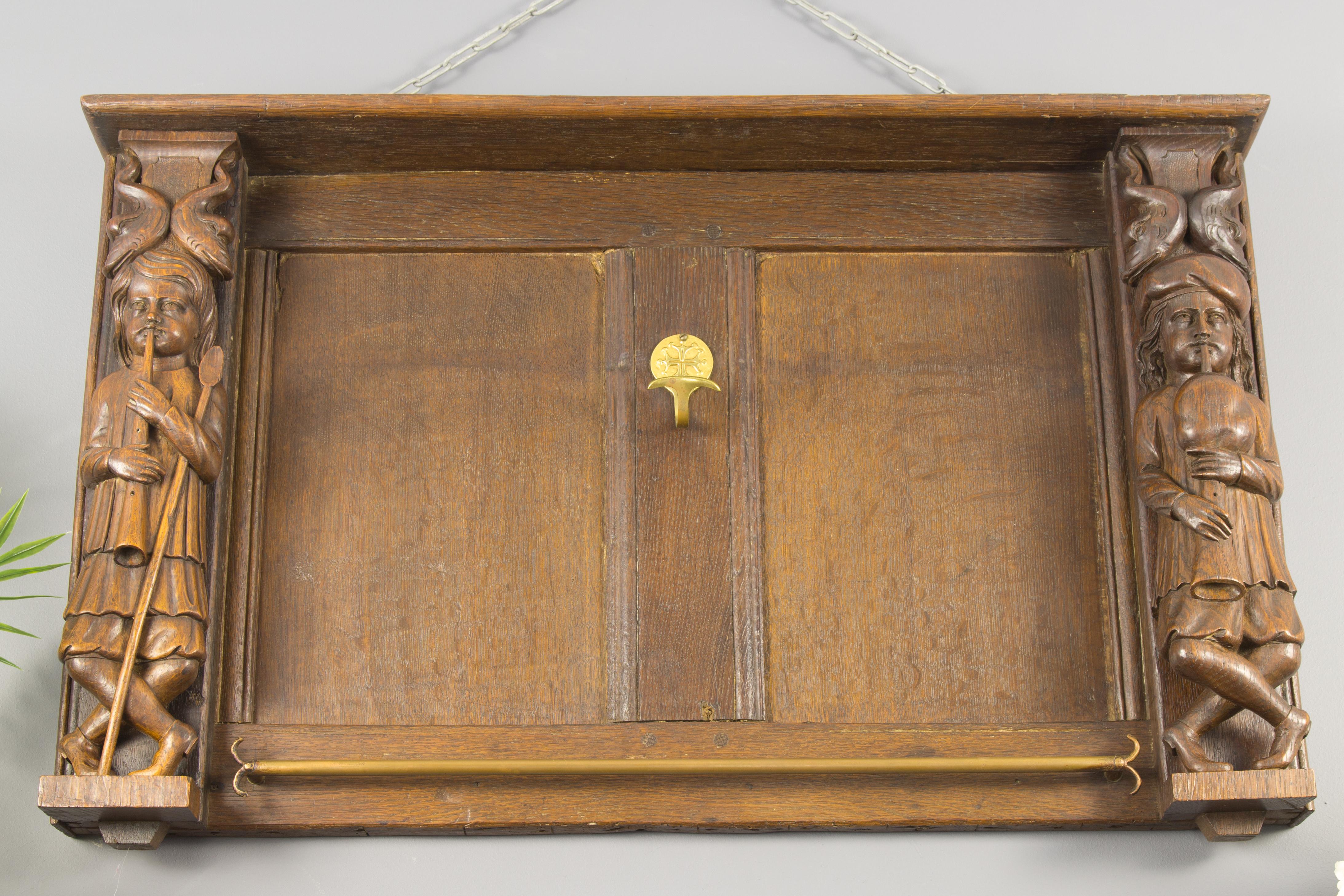 Late 19th Century Dutch Hand Carved Oak and Brass Wall Rack 11