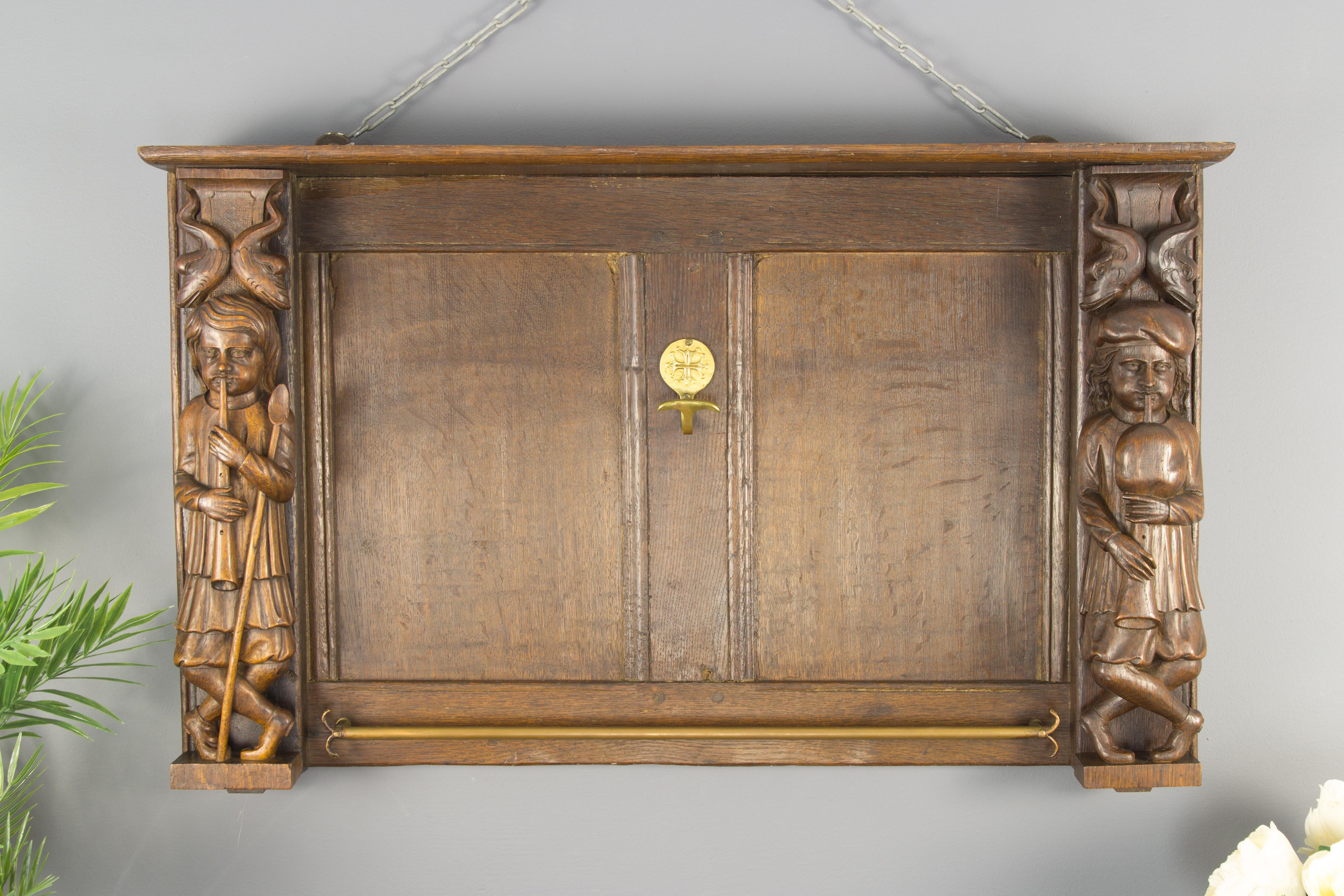 Late 19th Century Dutch Hand Carved Oak and Brass Wall Rack 12