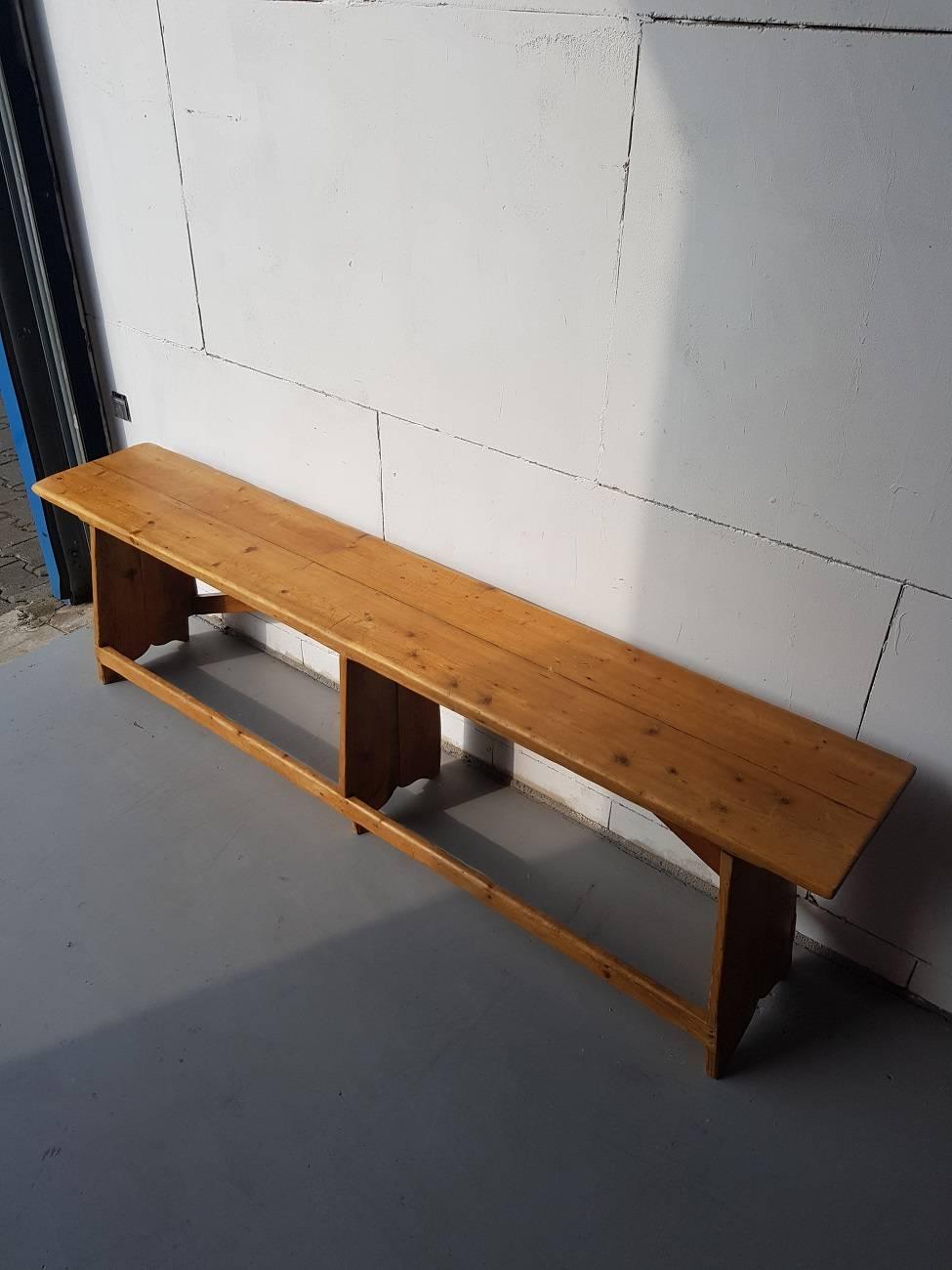 Very beautiful 19th century pinewood bench from the Netherlands with a foot bar at the front.

The measurements are,
Depth 31 cm/ 12.2 inch.
Width 180 cm/ 70.8 inch.
Height 51 cm/ 20 inch.
      