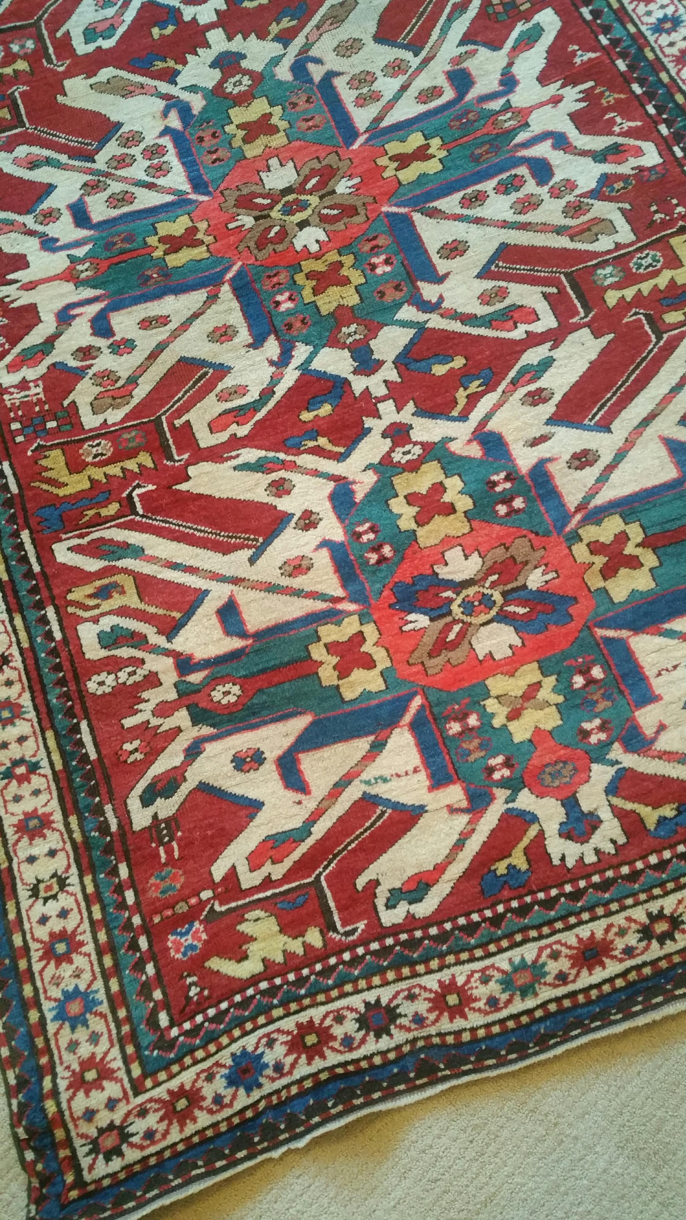 Date of origin Caucasus this beautiful late 19th century Eagle Kazak Chelaberd wool carpet has wonderful colors and sunburst detailing. Wool, hand-knotted, vegetable dye colors and many interesting details, circa 1870. Sole collector proprietor