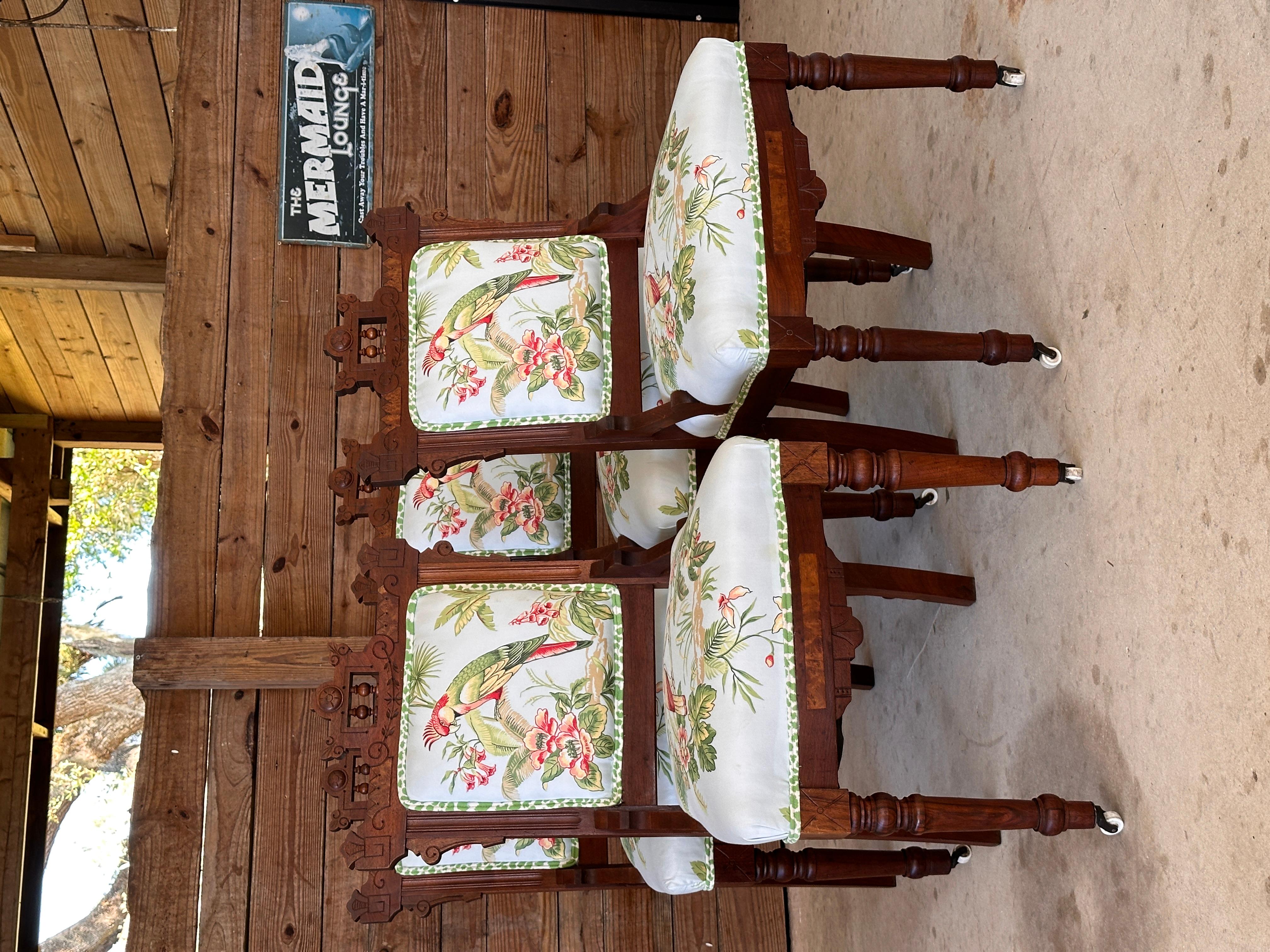 Late 19th Century Eastlake Dining Chairs With Thabut Parrot Upholstery Fabric(4) For Sale 5