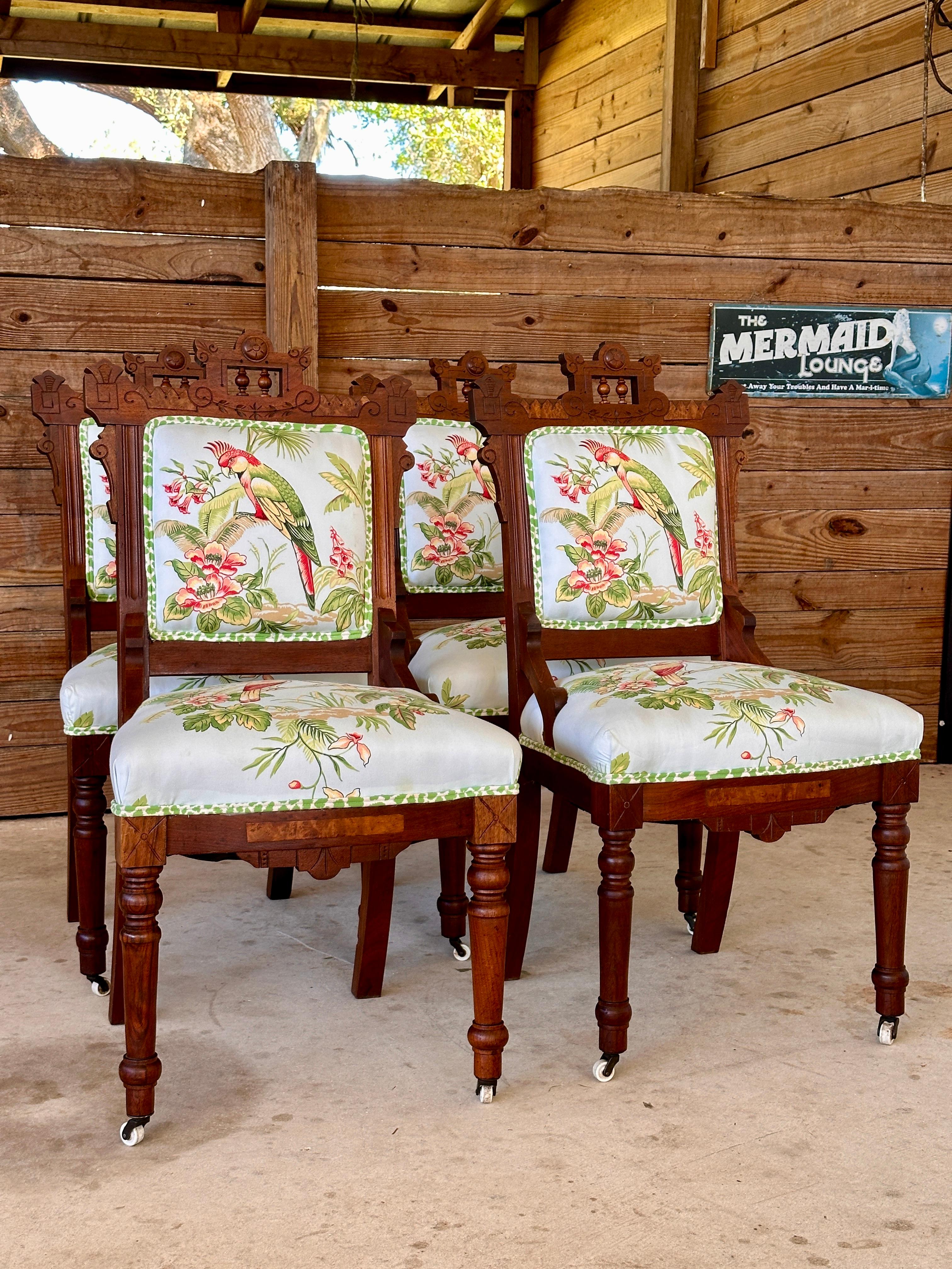 Late 19th Century Eastlake Dining Chairs With Thabut Parrot Upholstery Fabric(4) For Sale 6