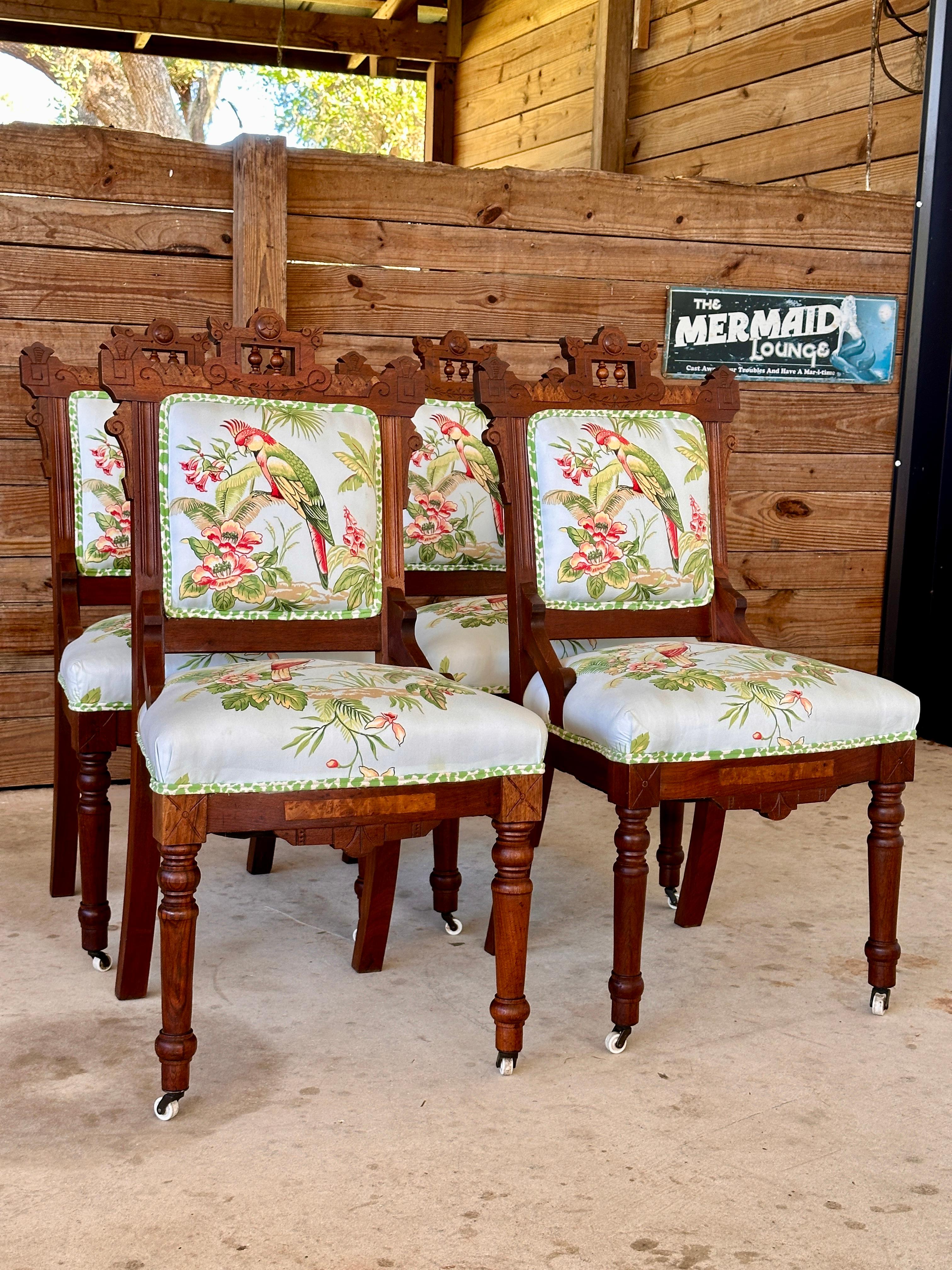 Late 19th Century Eastlake Dining Chairs With Thabut Parrot Upholstery Fabric(4) For Sale 7