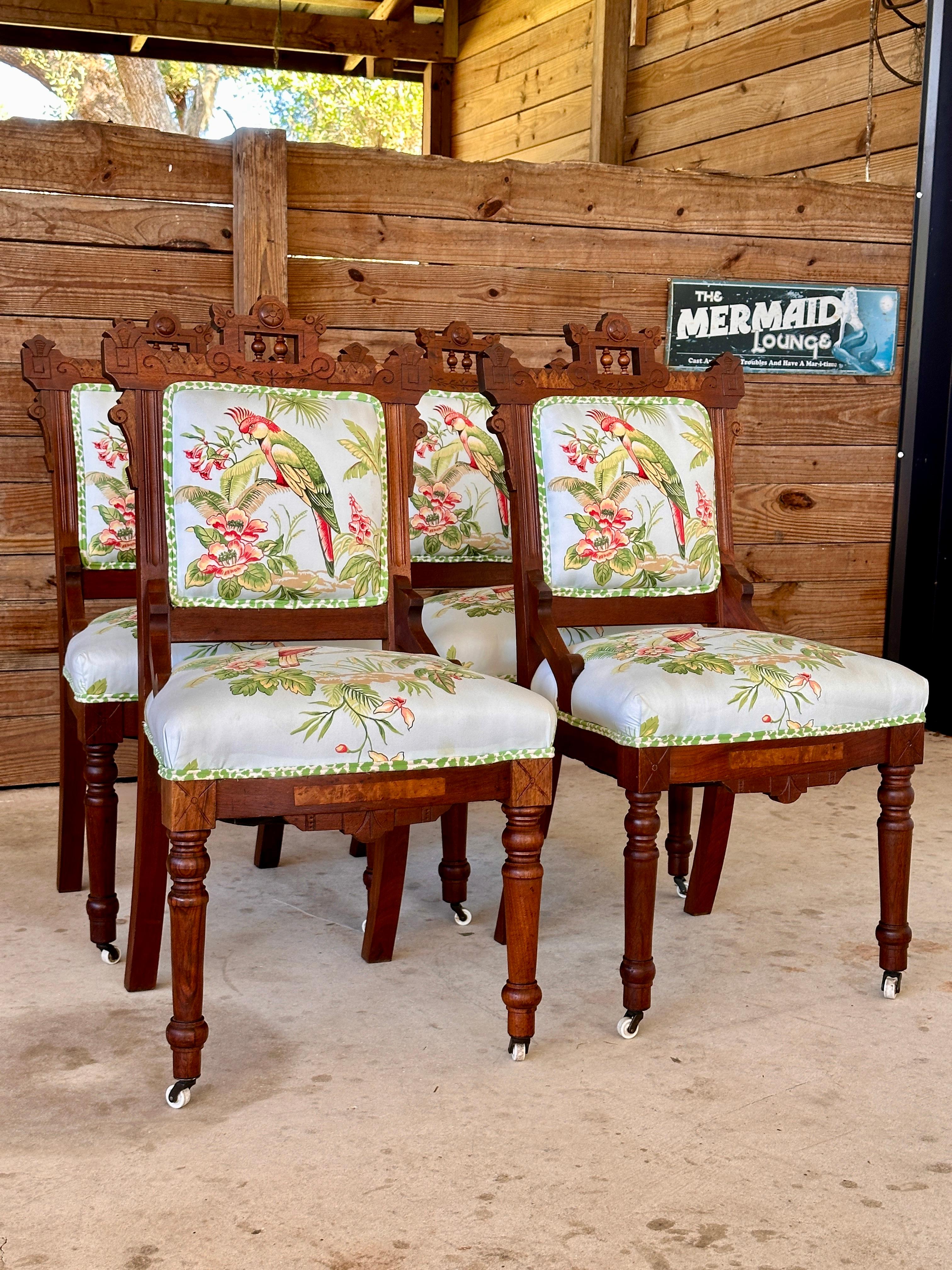 Late 19th Century Eastlake Dining Chairs With Thabut Parrot Upholstery Fabric(4) For Sale 8