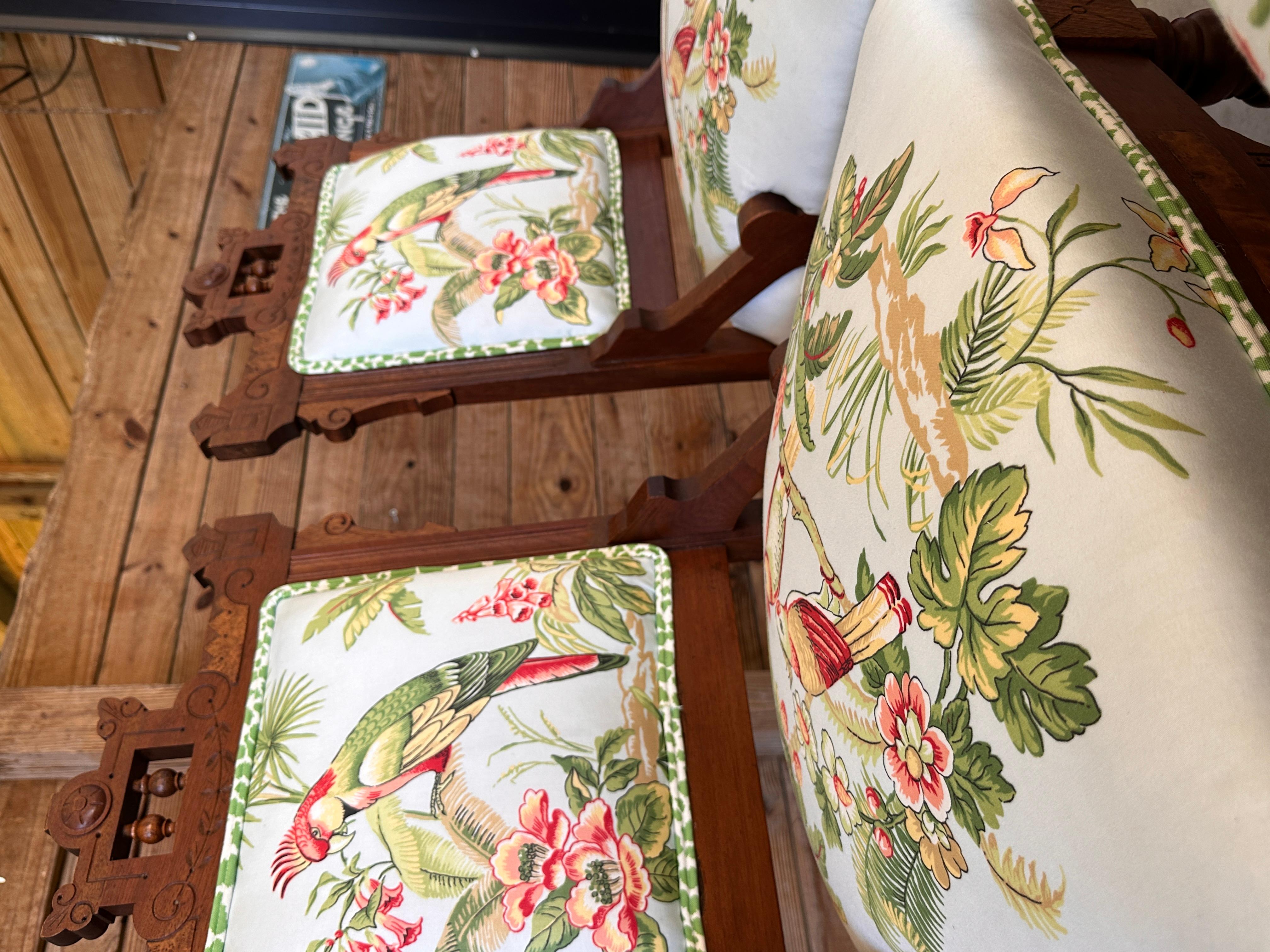 Late 19th Century Eastlake Dining Chairs With Thabut Parrot Upholstery Fabric(4) For Sale 9