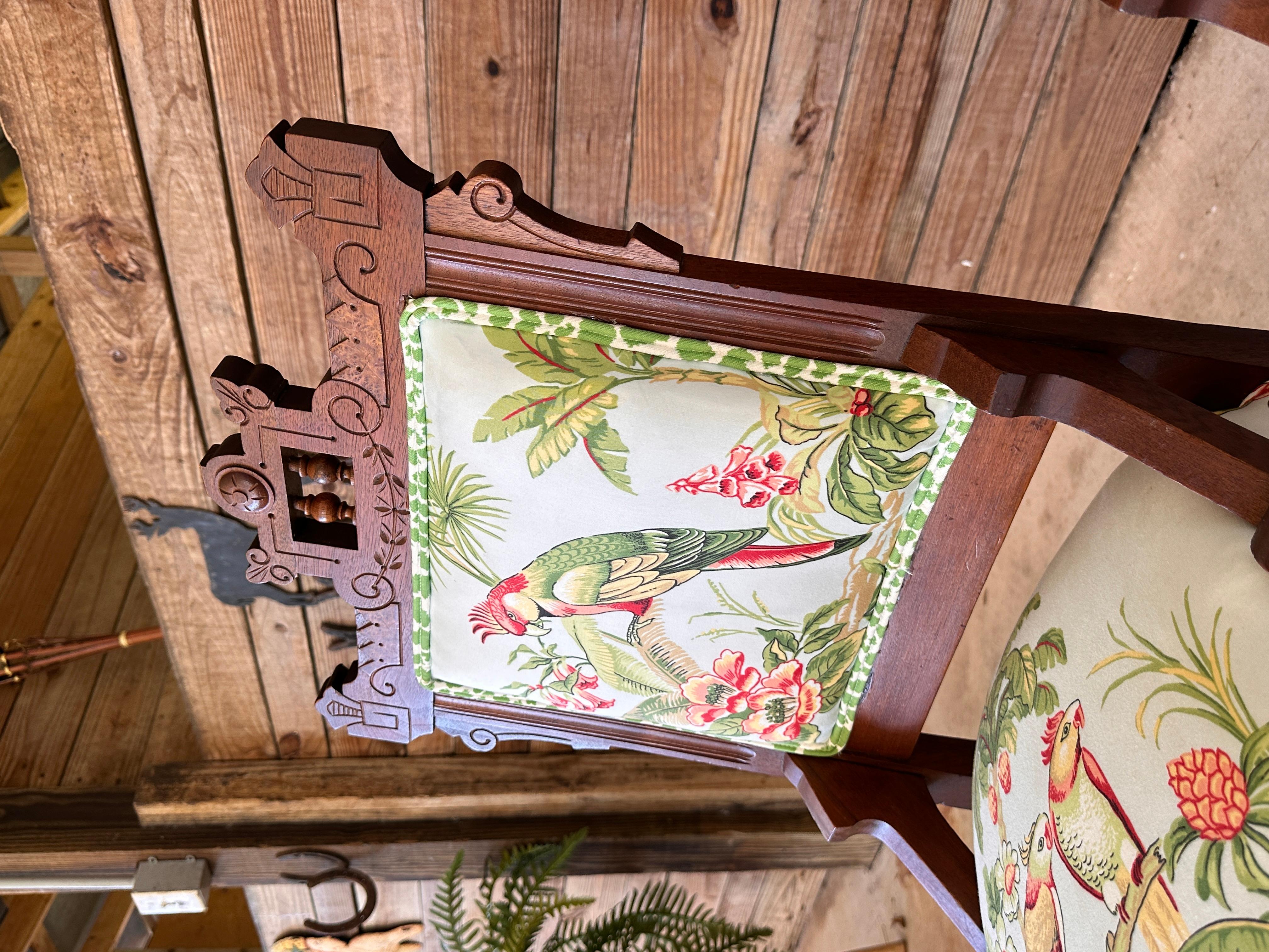Late 19th Century Eastlake Dining Chairs With Thabut Parrot Upholstery Fabric(4) For Sale 11