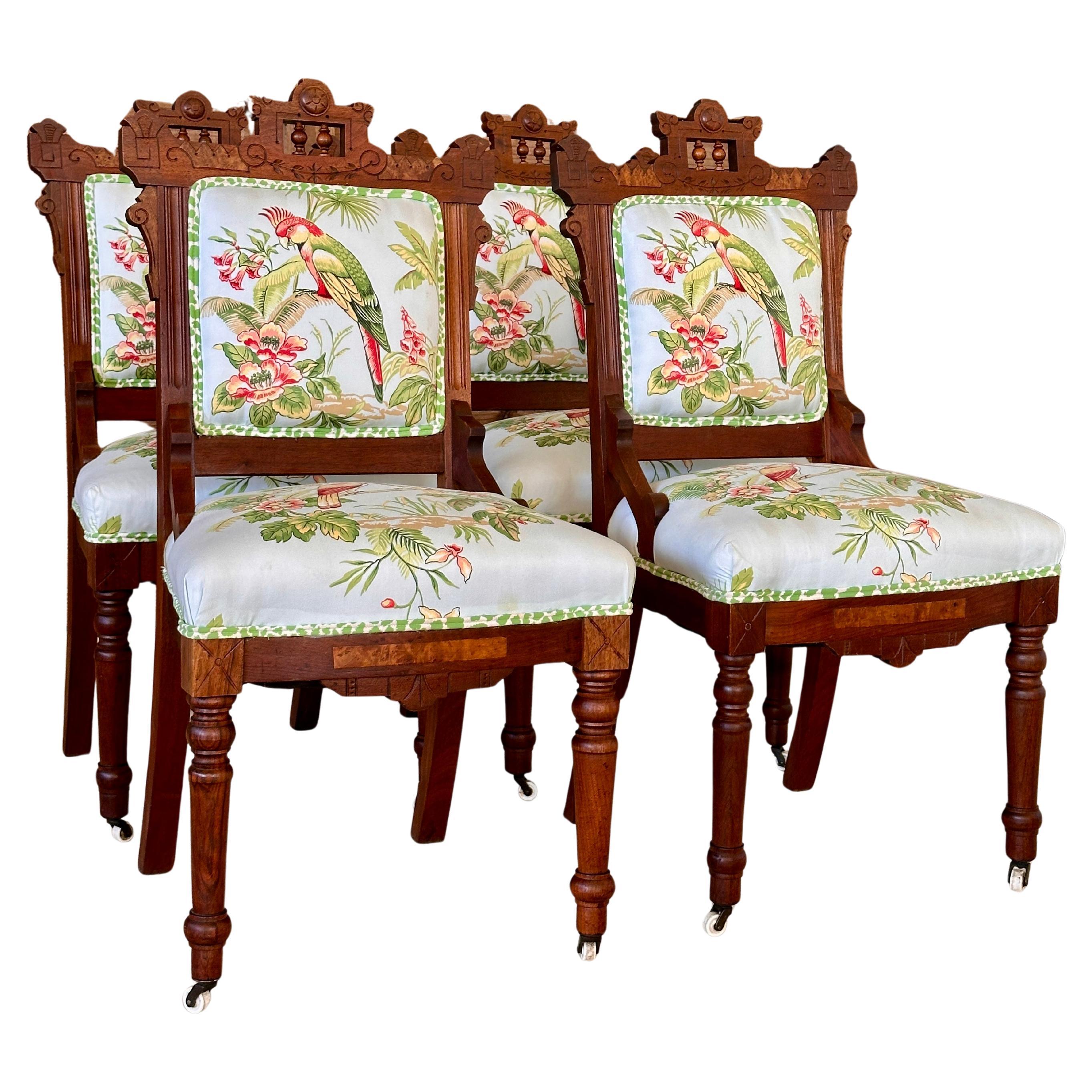 Late 19th Century Eastlake Dining Chairs With Thabut Parrot Upholstery Fabric(4) For Sale
