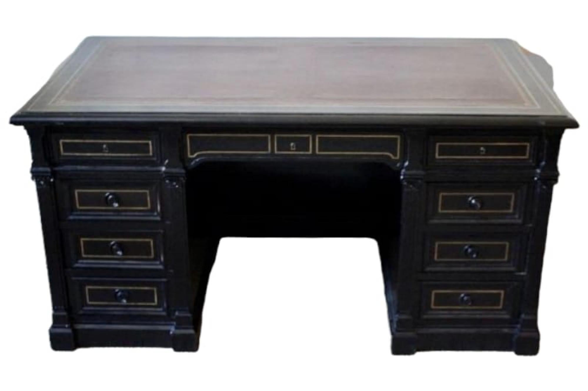 Late 19th century ebonised and brass inlay desk by Maison Krieger.
A good quality and of elegant proportions, late 19th century French Ebonized desk with brass inlay and two brushing slides , by Maison Krieger.

Measures: Width: 145cm /