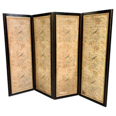 Antique Late 19th Century Ebonized and Gilt Folding Screen with Printed Silk Panels