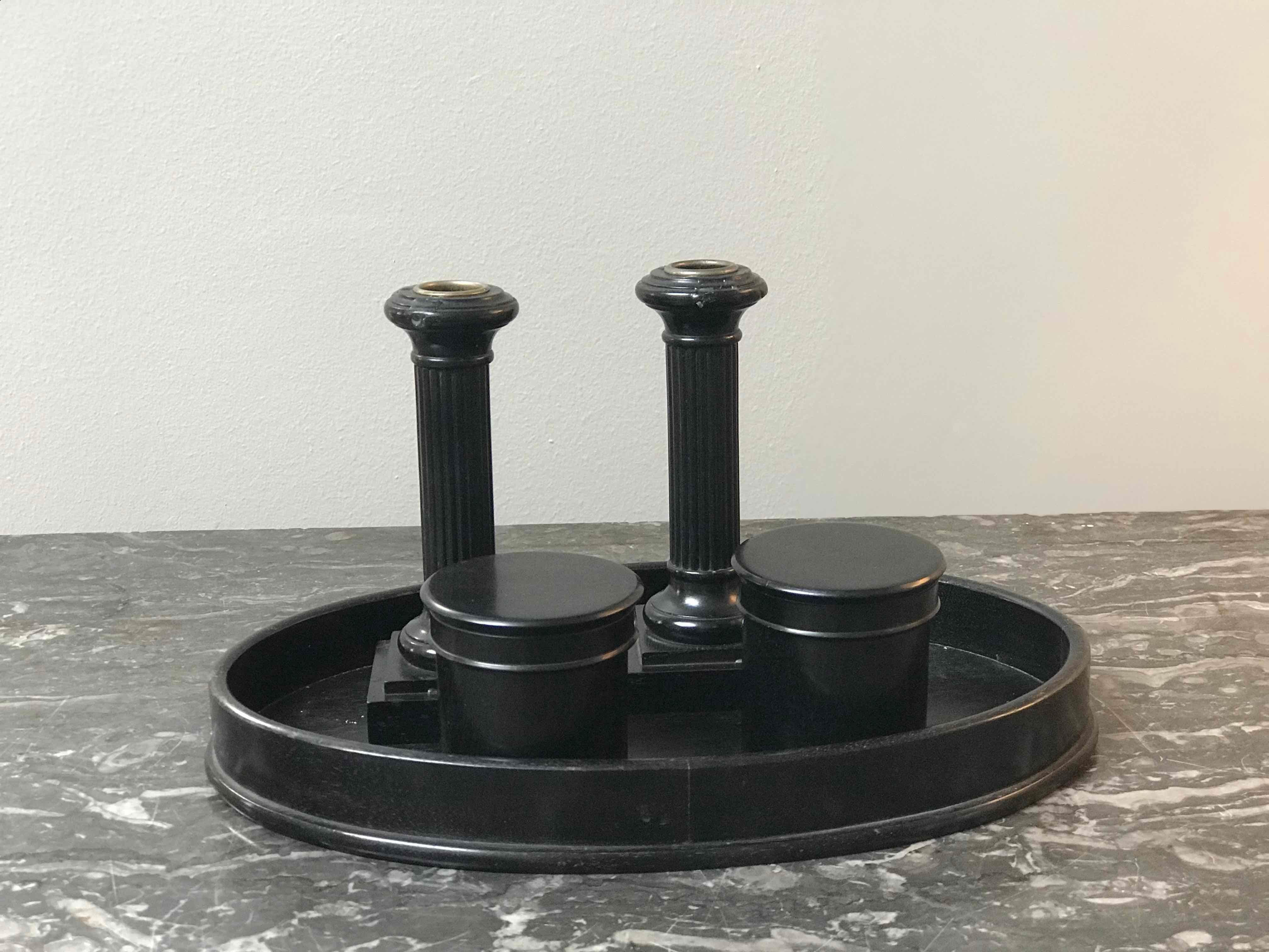 Late 19th century ebonized English butler's tray with candlesticks and two canisters. 