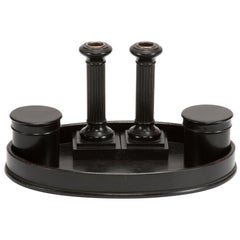Late 19th Century Ebonized English Butler's Tray with Candlesticks and Canisters