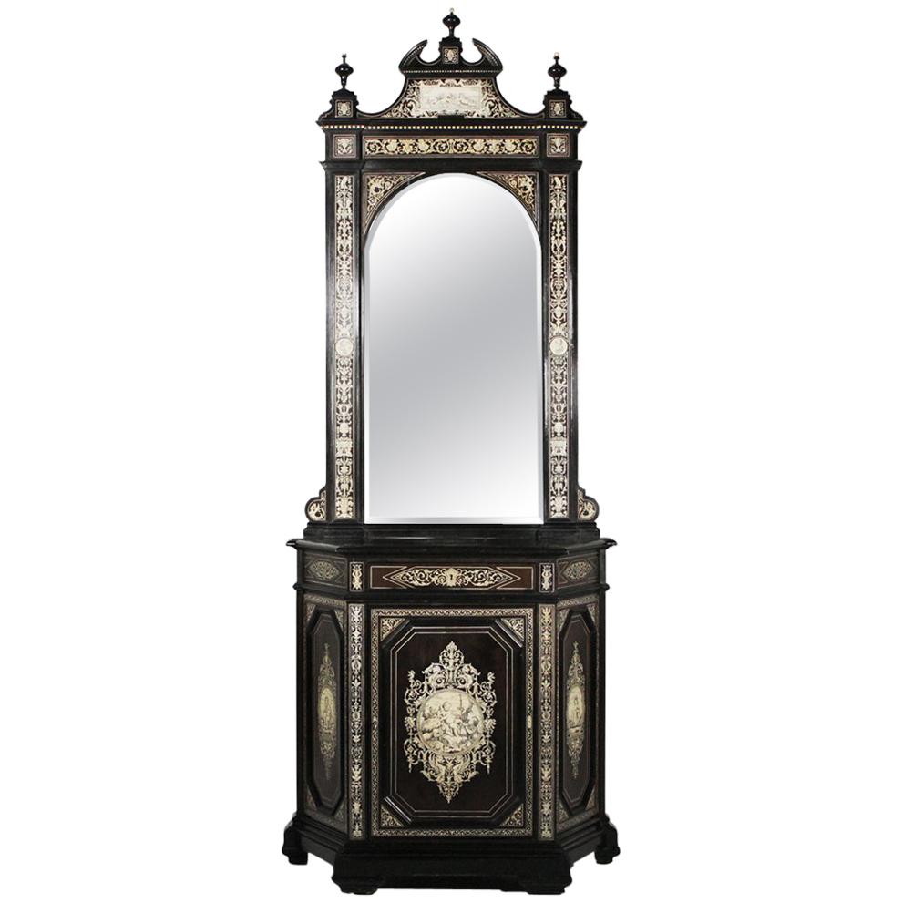 Late 19th Century Ebonized Mirrored and Inlaid Cabinet