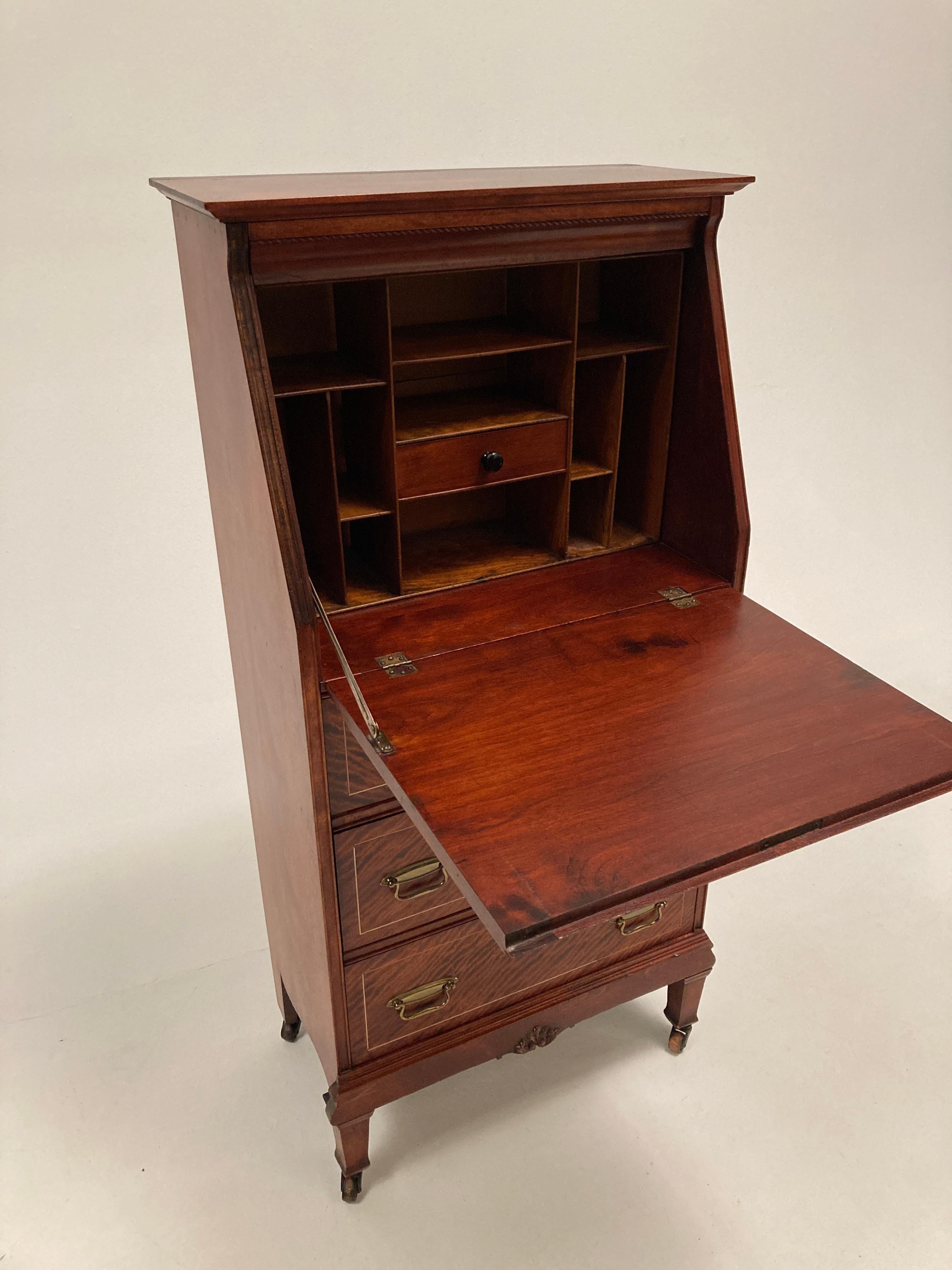 English Late 19th Century Edwardian, Crotch Mahogany Woman's Petite Drop Front Desk For Sale