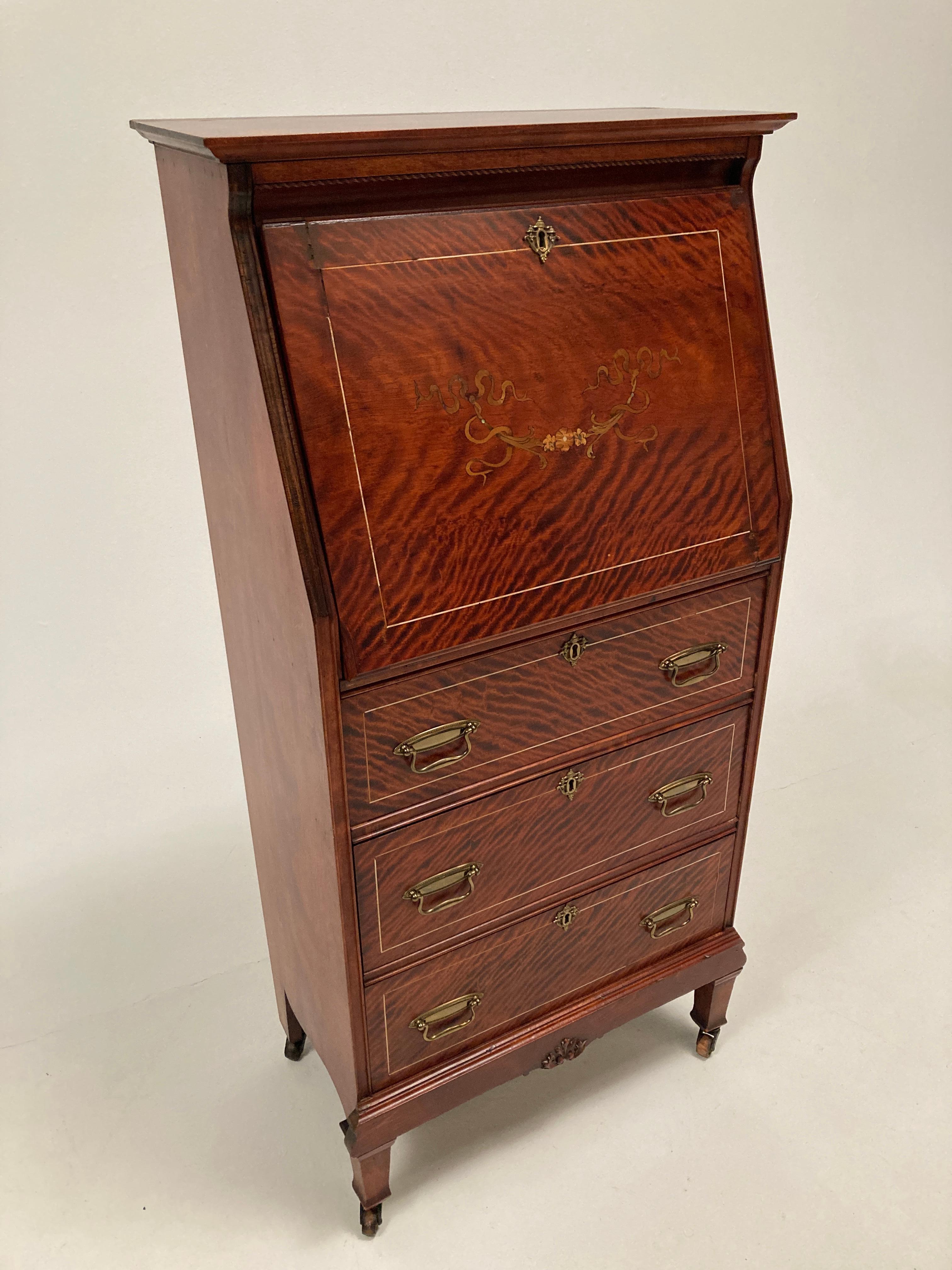 Late 19th Century Edwardian, Crotch Mahogany Woman's Petite Drop Front Desk For Sale 1